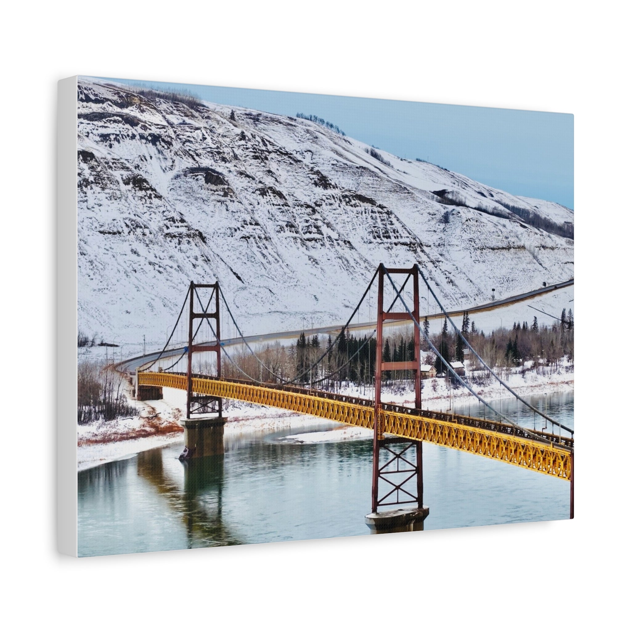 Dunvegan Alberta Suspension Bridge Matte Canvas Print — Scenic Winter Landscape Wall Art