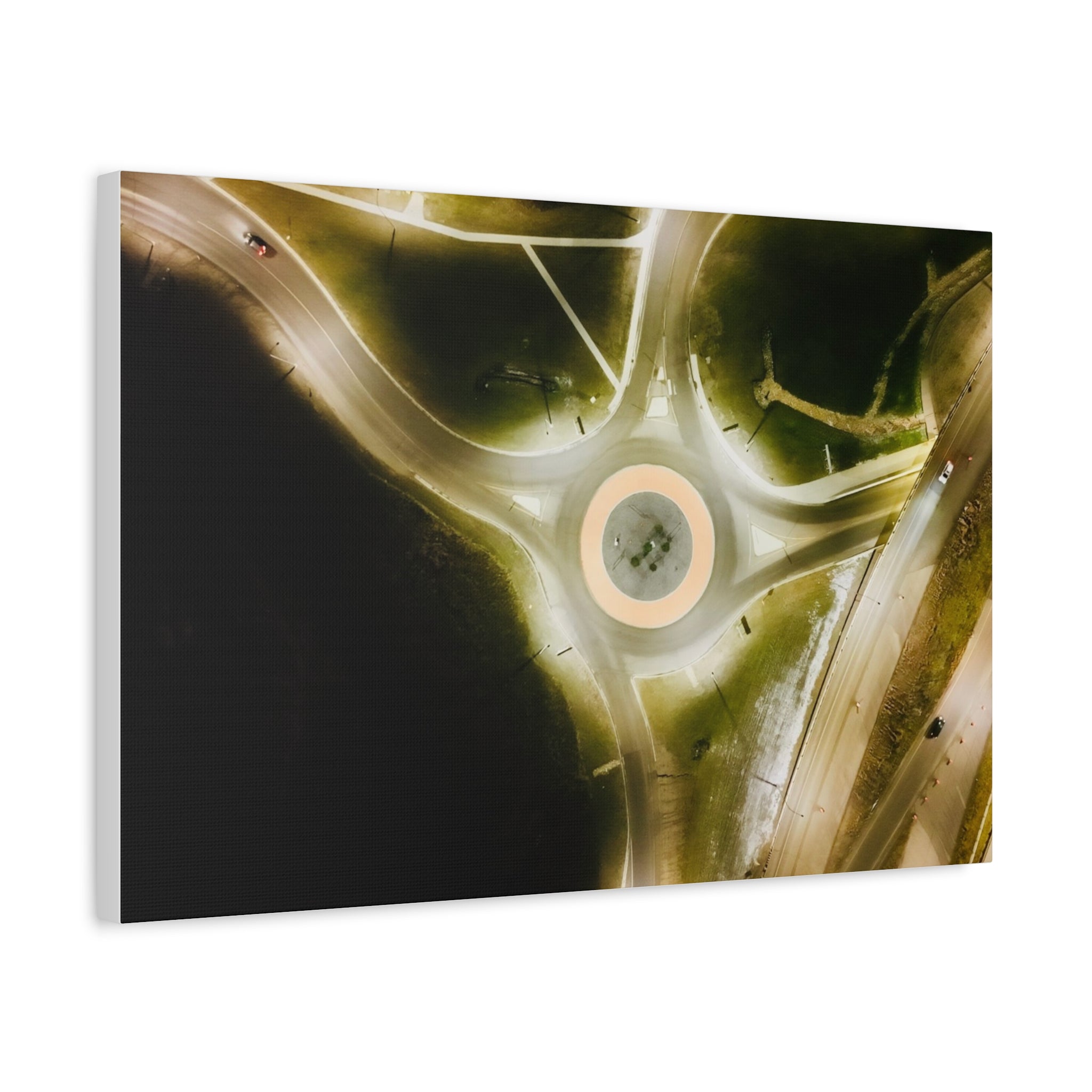 Town of Peace River Alberta - Aerial Roundabout Canvas Print — Moody Night Roadscape Matte Stretched Wall Art