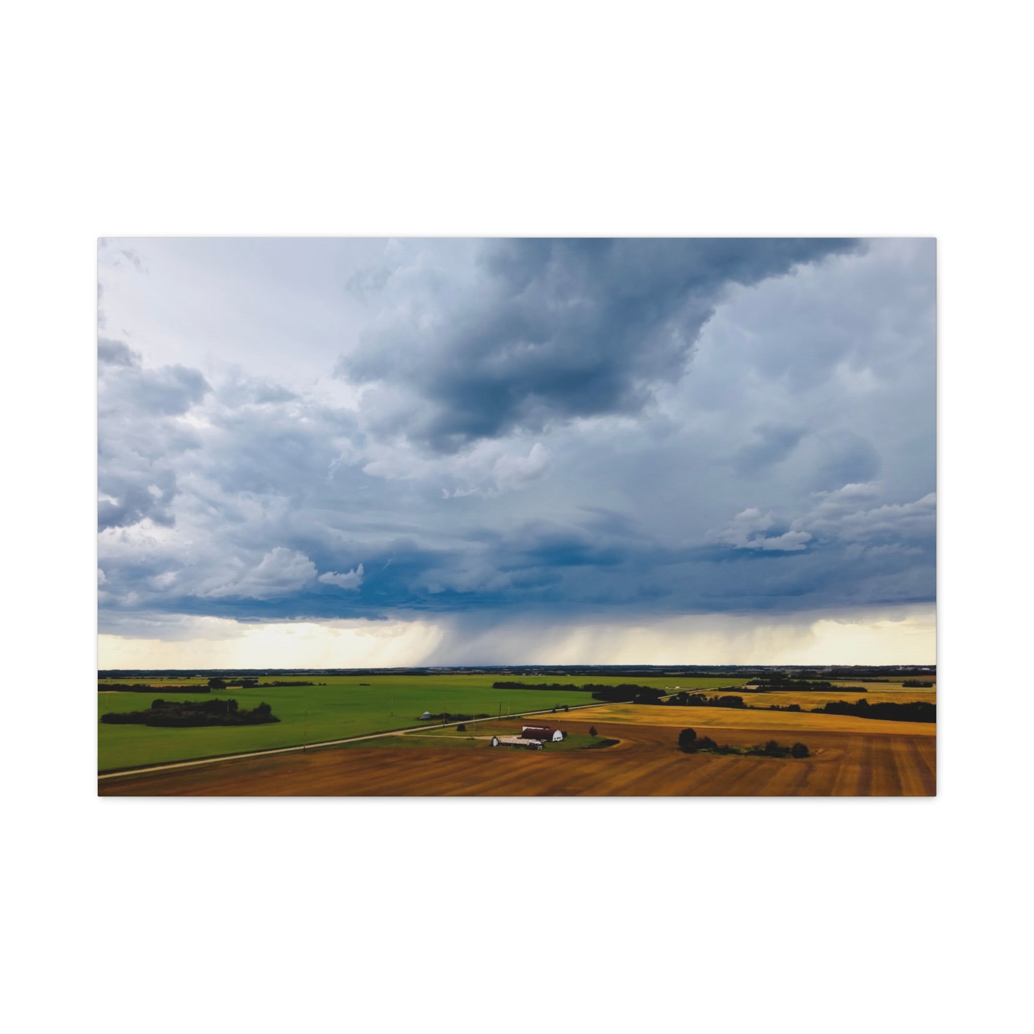 Stormy Prairie Canvas Print — Dramatic Clouds Over Farmland Matte Stretched Wall Art