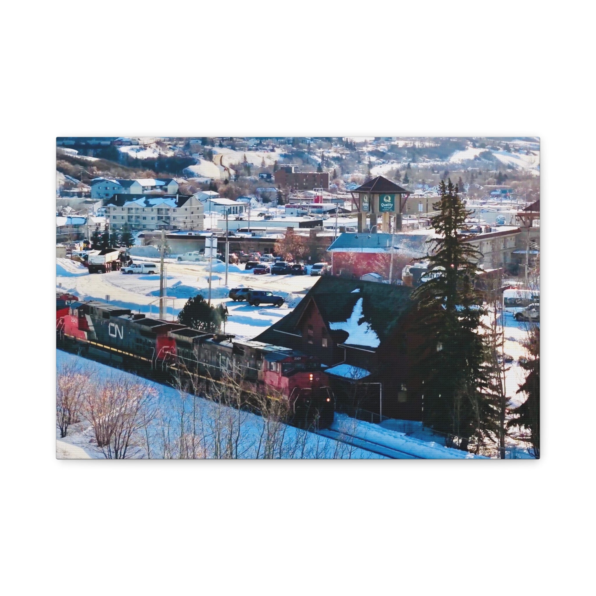 Winter Train Peace River Alberta Town Matte Canvas Print — Stretched 1.25" Wall Art