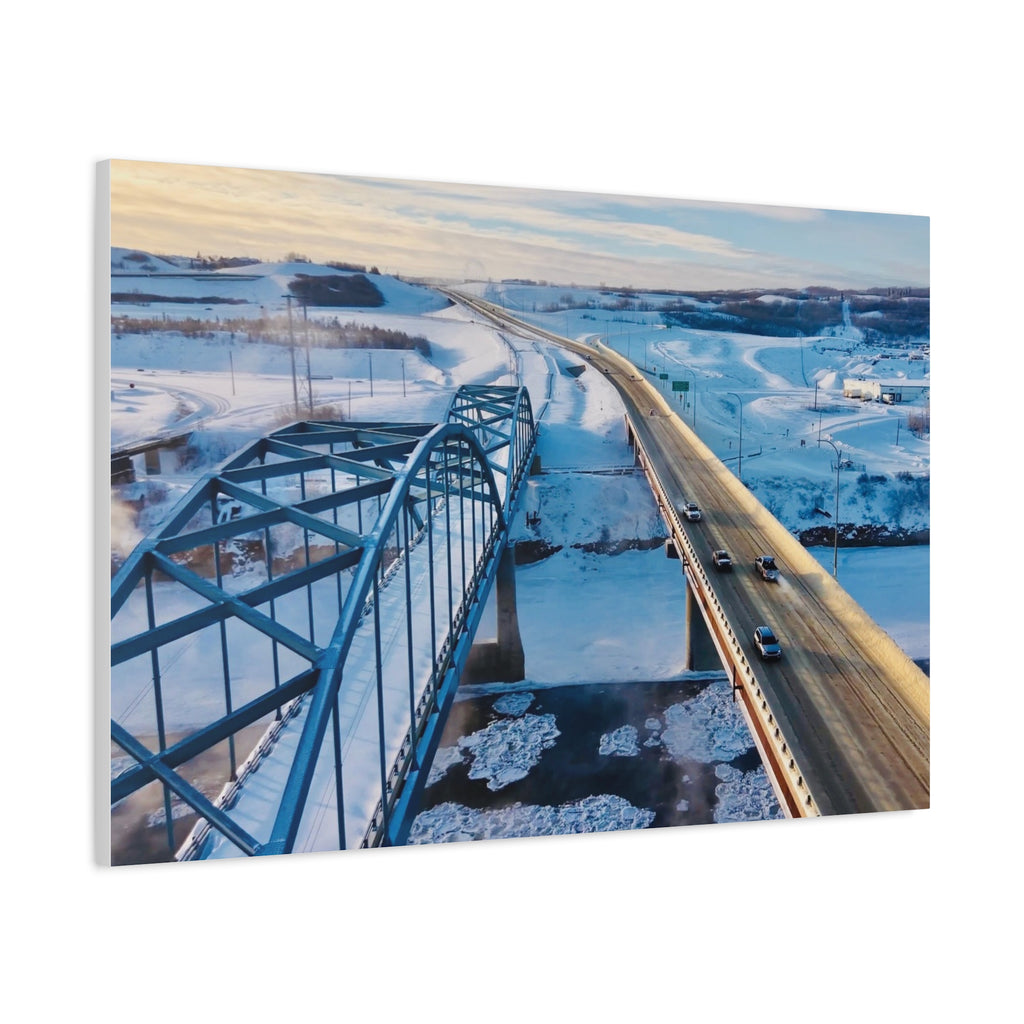 Scenic Winter Town of Peace River Bridge Matte Canvas Print — Aerial Roadway Landscape Wall Art