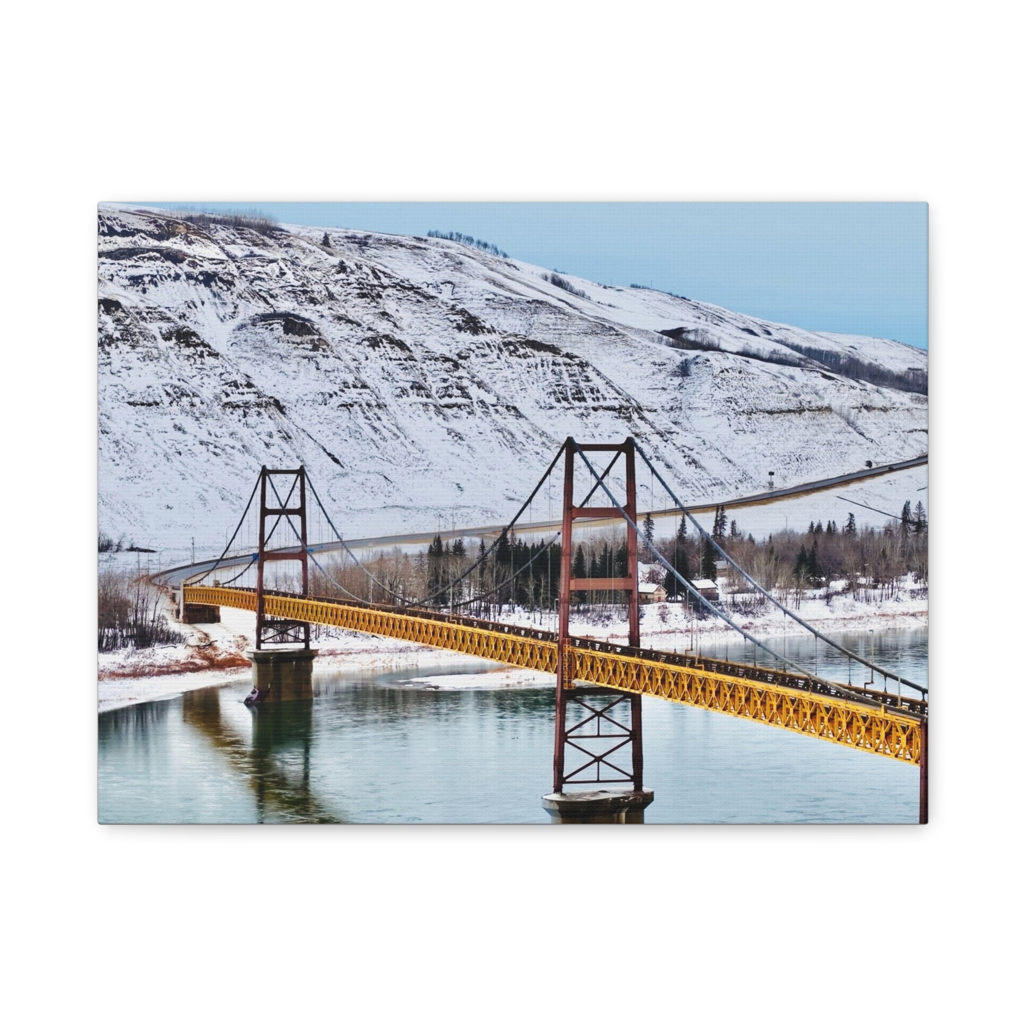 Dunvegan Alberta Suspension Bridge Matte Canvas Print — Scenic Winter Landscape Wall Art