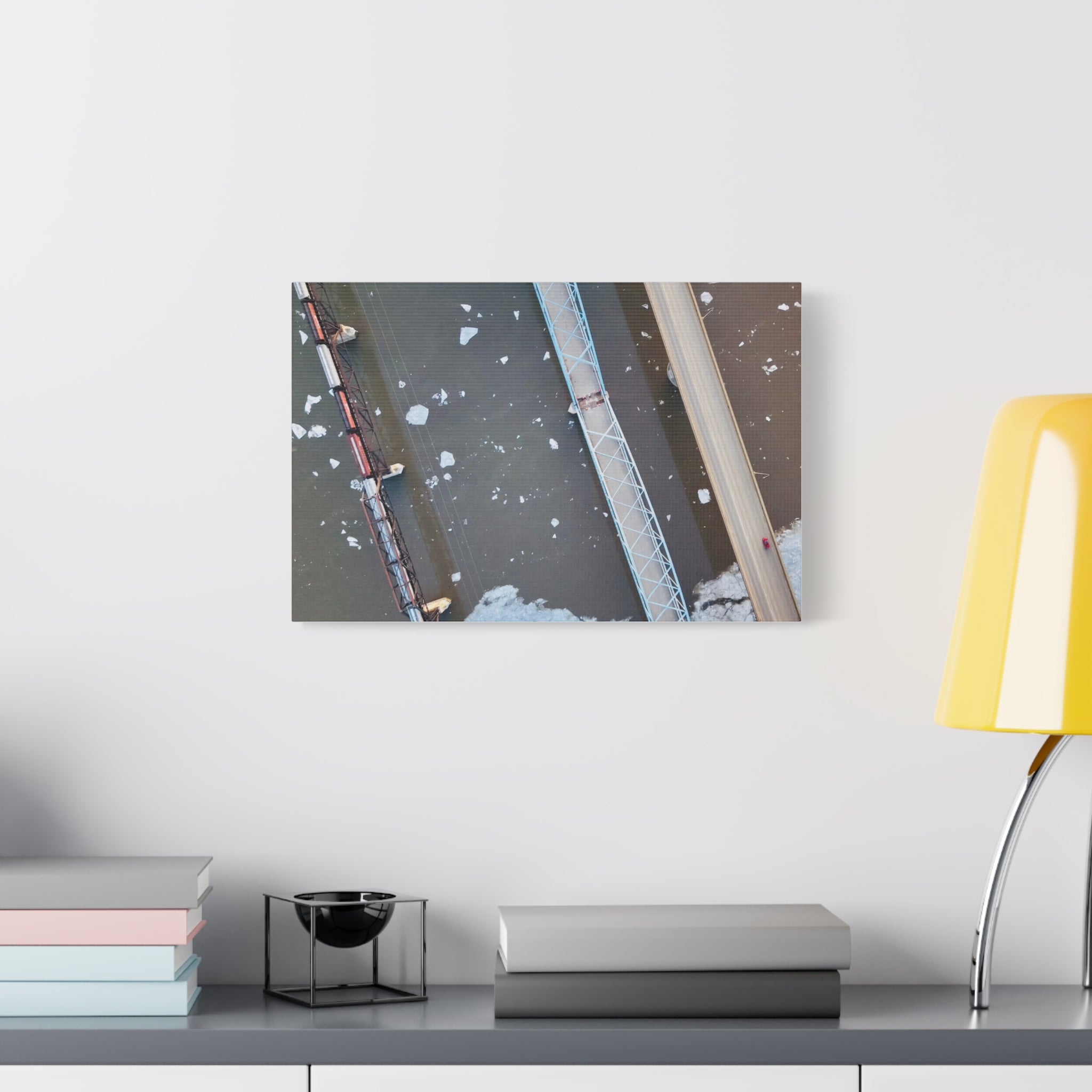 Peace River Alberta - Aerial Bridge Canvas Print — Winter River Drone Photography Matte Stretched