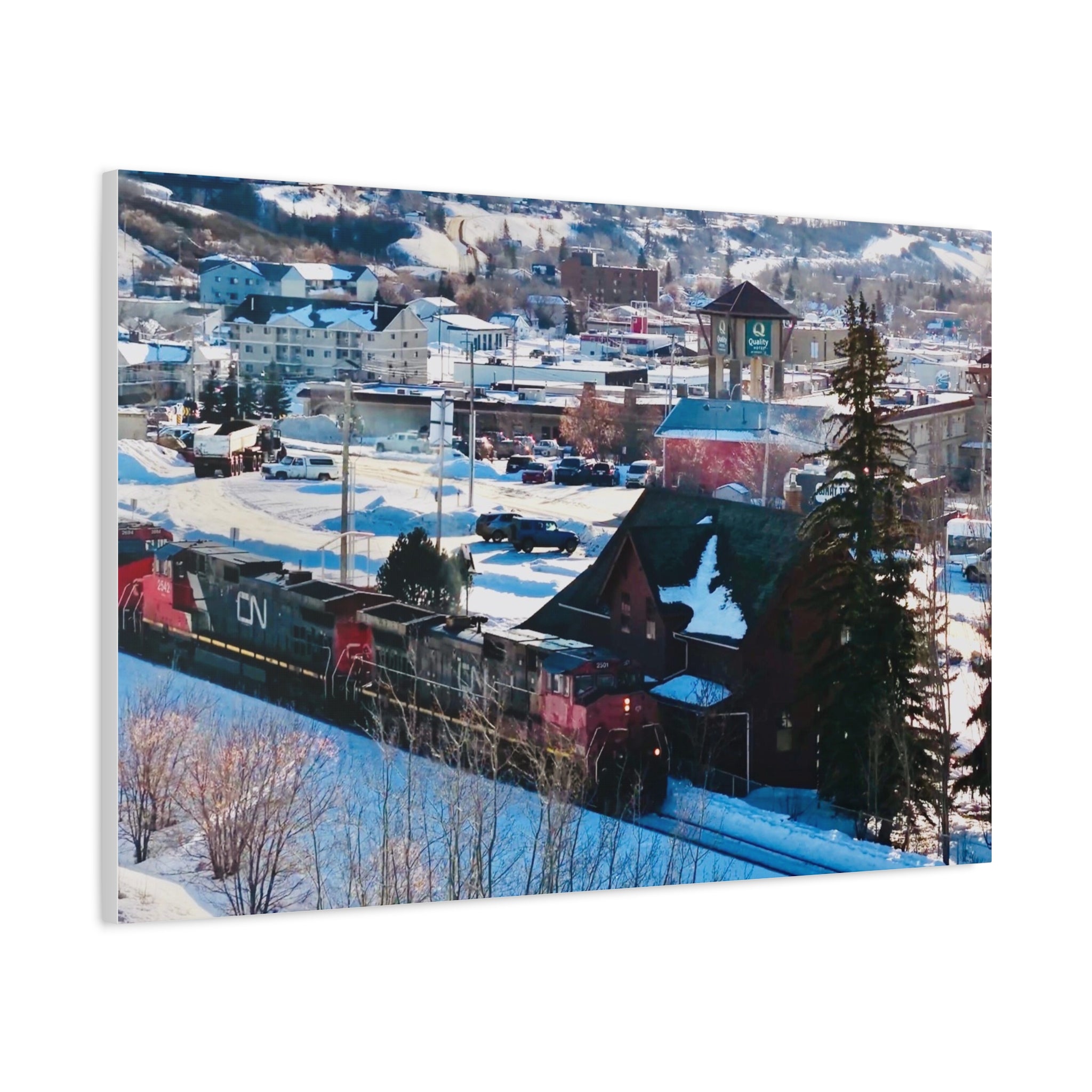 Winter Train Peace River Alberta Town Matte Canvas Print — Stretched 1.25" Wall Art