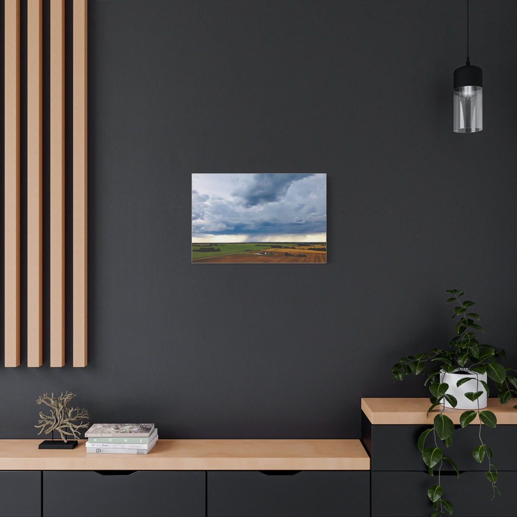 Stormy Prairie Canvas Print — Dramatic Clouds Over Farmland Matte Stretched Wall Art