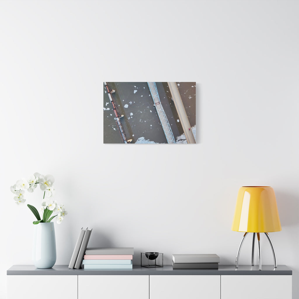 Peace River Alberta - Aerial Bridge Canvas Print — Winter River Drone Photography Matte Stretched