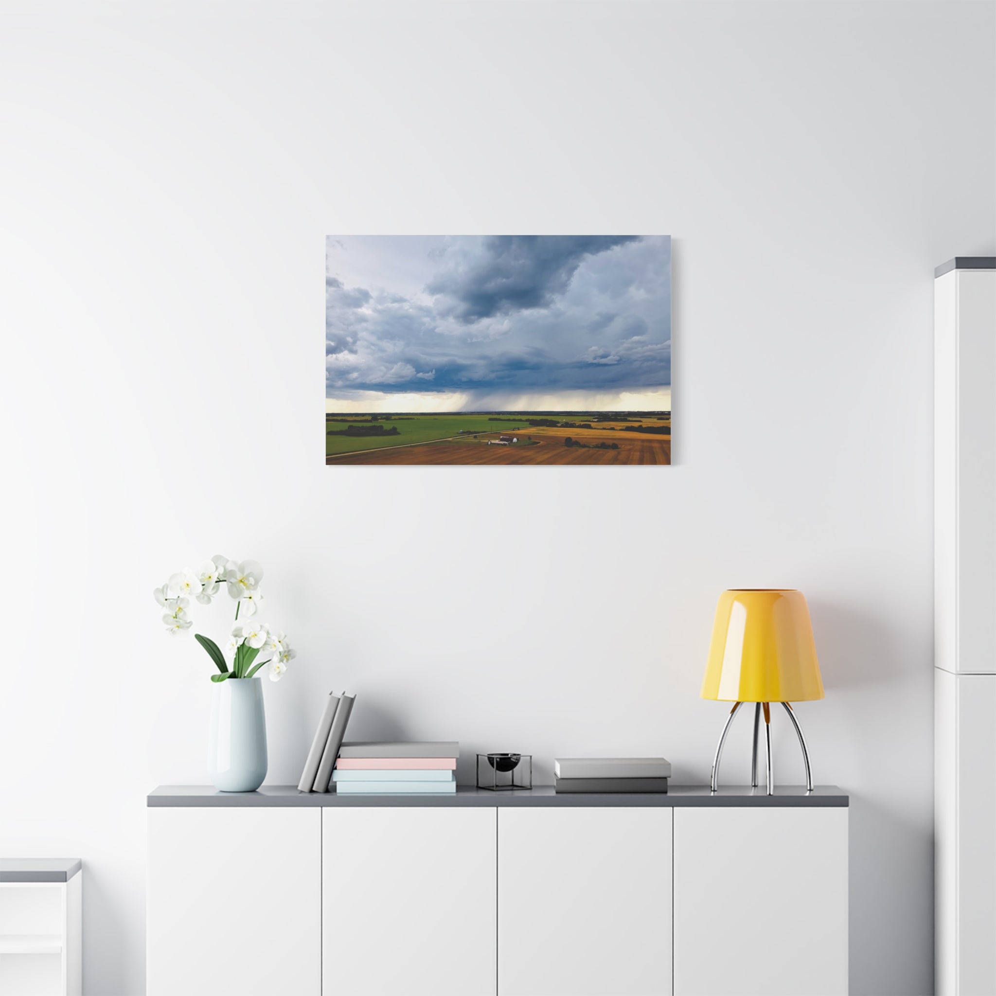 Stormy Prairie Canvas Print — Dramatic Clouds Over Farmland Matte Stretched Wall Art
