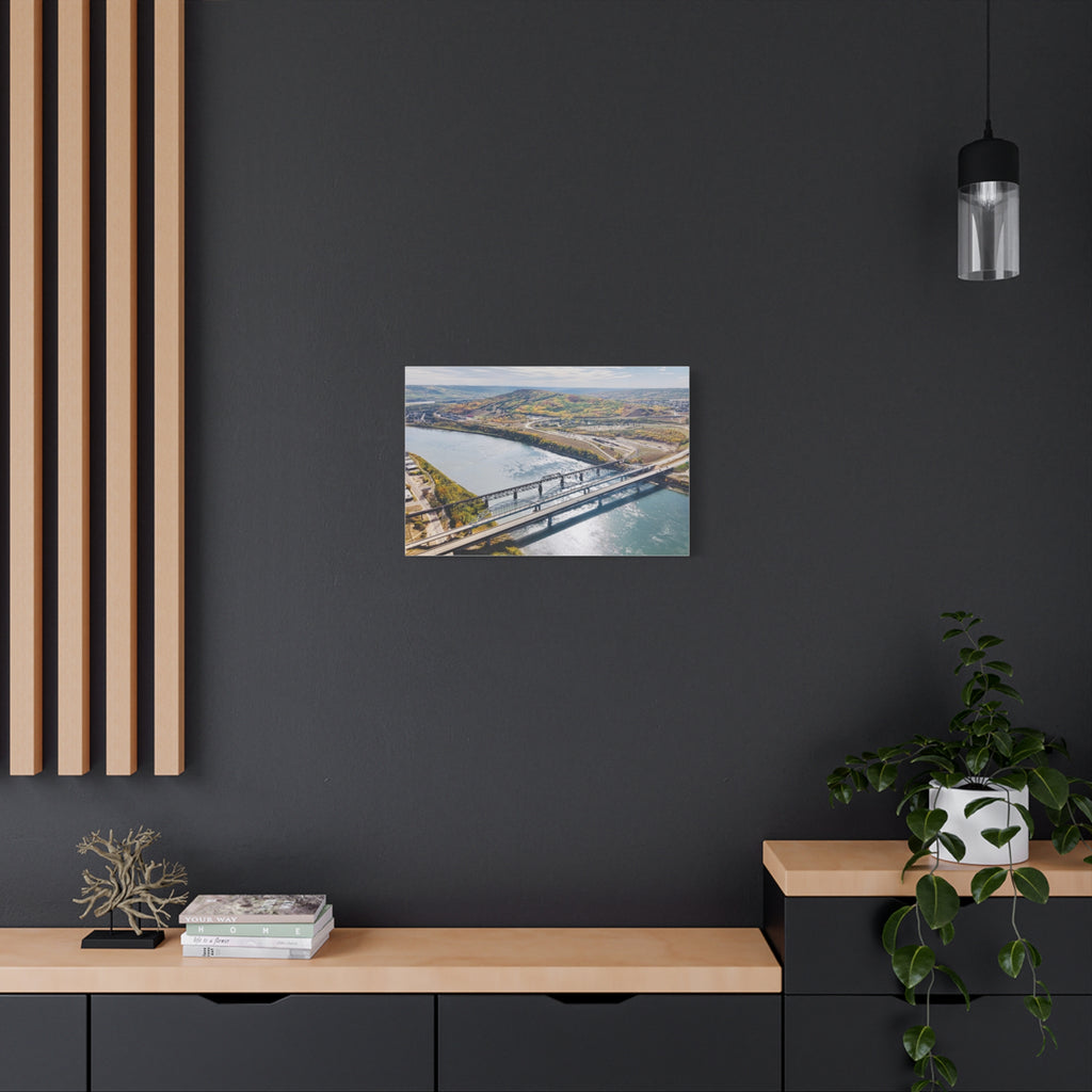 Matte Stretched Canvas - Scenic Peace River River Bridge Aerial Print