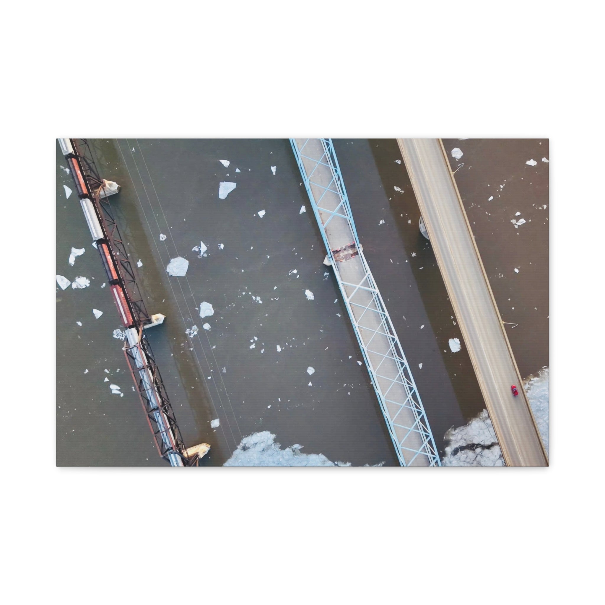 Peace River Alberta - Aerial Bridge Canvas Print — Winter River Drone Photography Matte Stretched