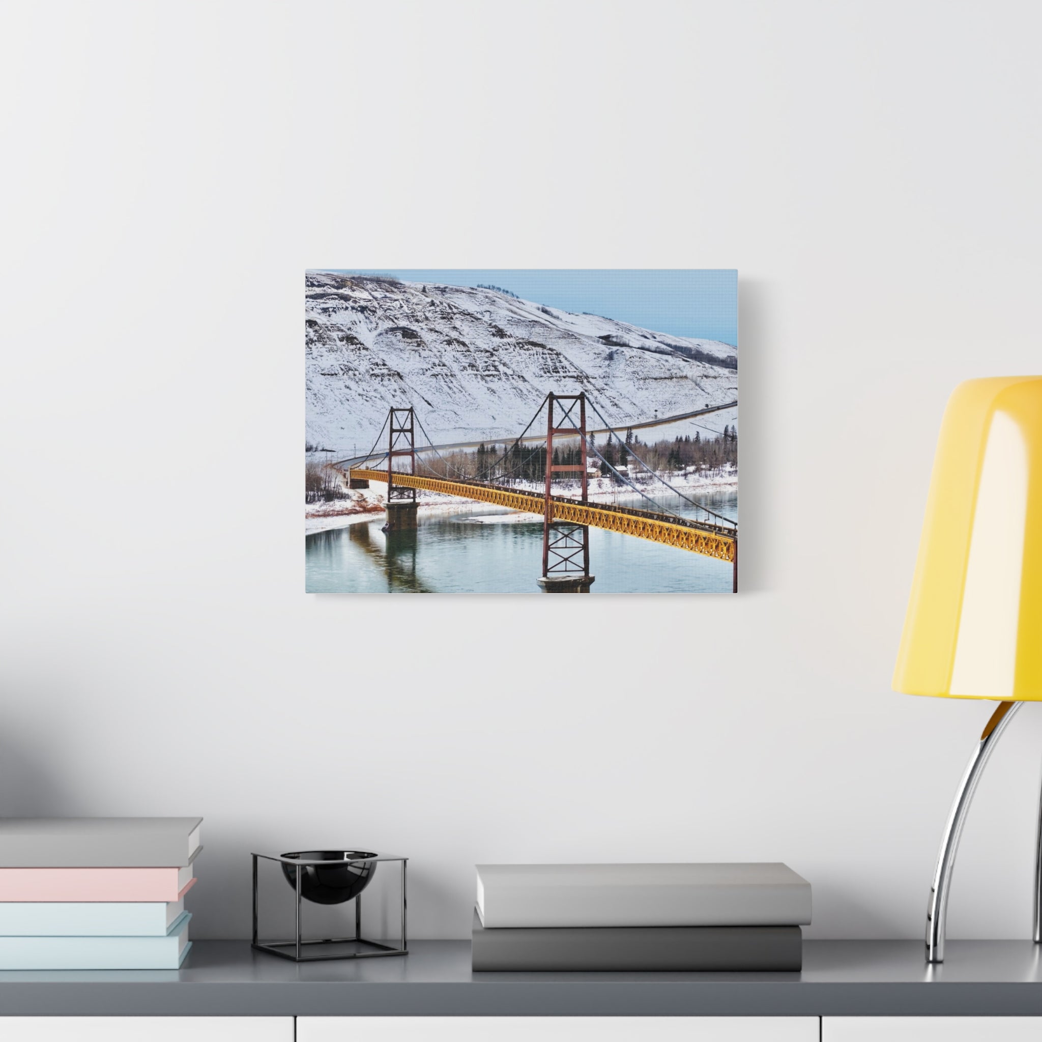 Dunvegan Alberta Suspension Bridge Matte Canvas Print — Scenic Winter Landscape Wall Art