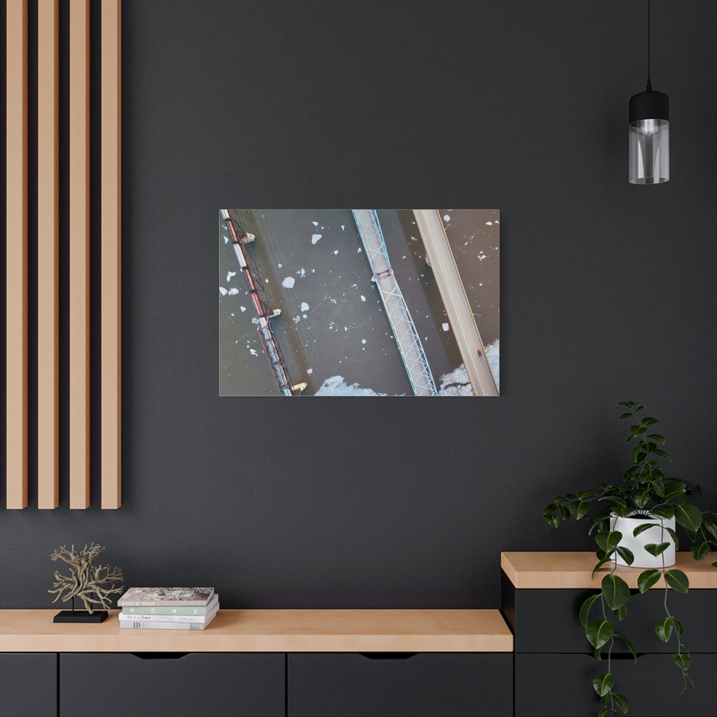 Peace River Alberta - Aerial Bridge Canvas Print — Winter River Drone Photography Matte Stretched