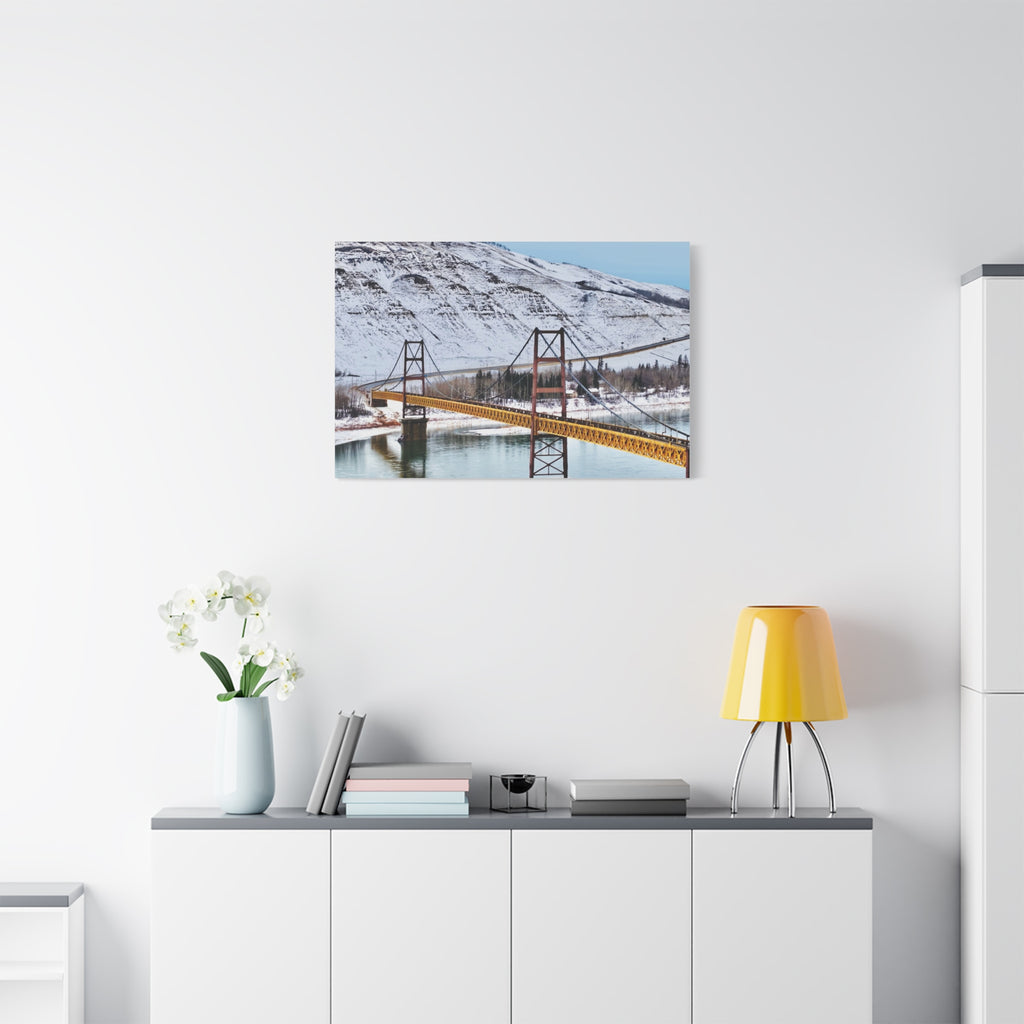Dunvegan Alberta Suspension Bridge Matte Canvas Print — Scenic Winter Landscape Wall Art