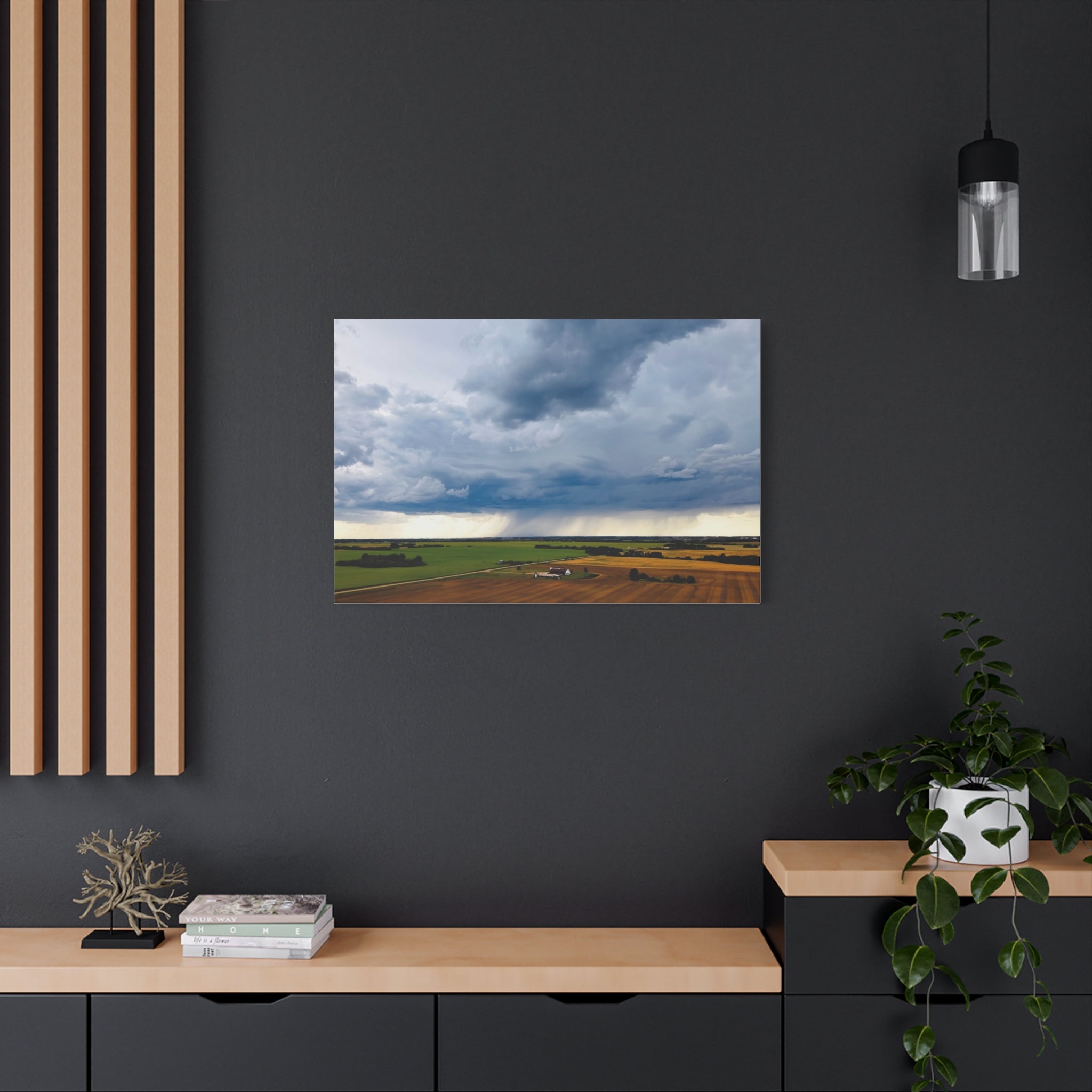 Stormy Prairie Canvas Print — Dramatic Clouds Over Farmland Matte Stretched Wall Art