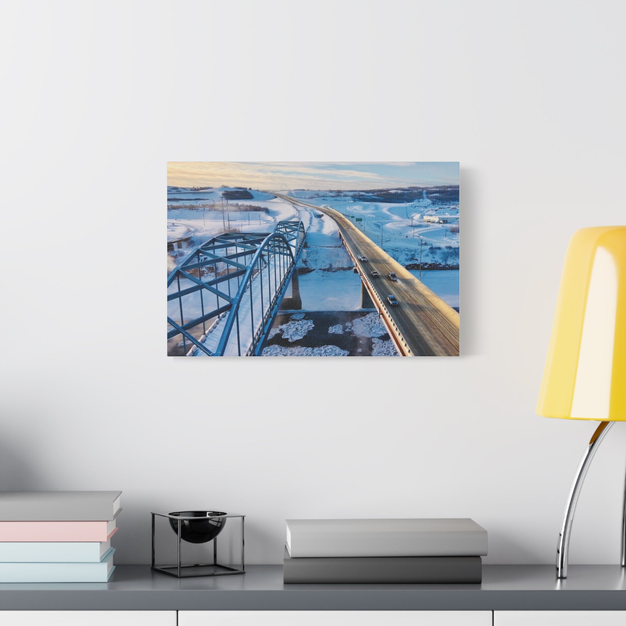 Scenic Winter Town of Peace River Bridge Matte Canvas Print — Aerial Roadway Landscape Wall Art