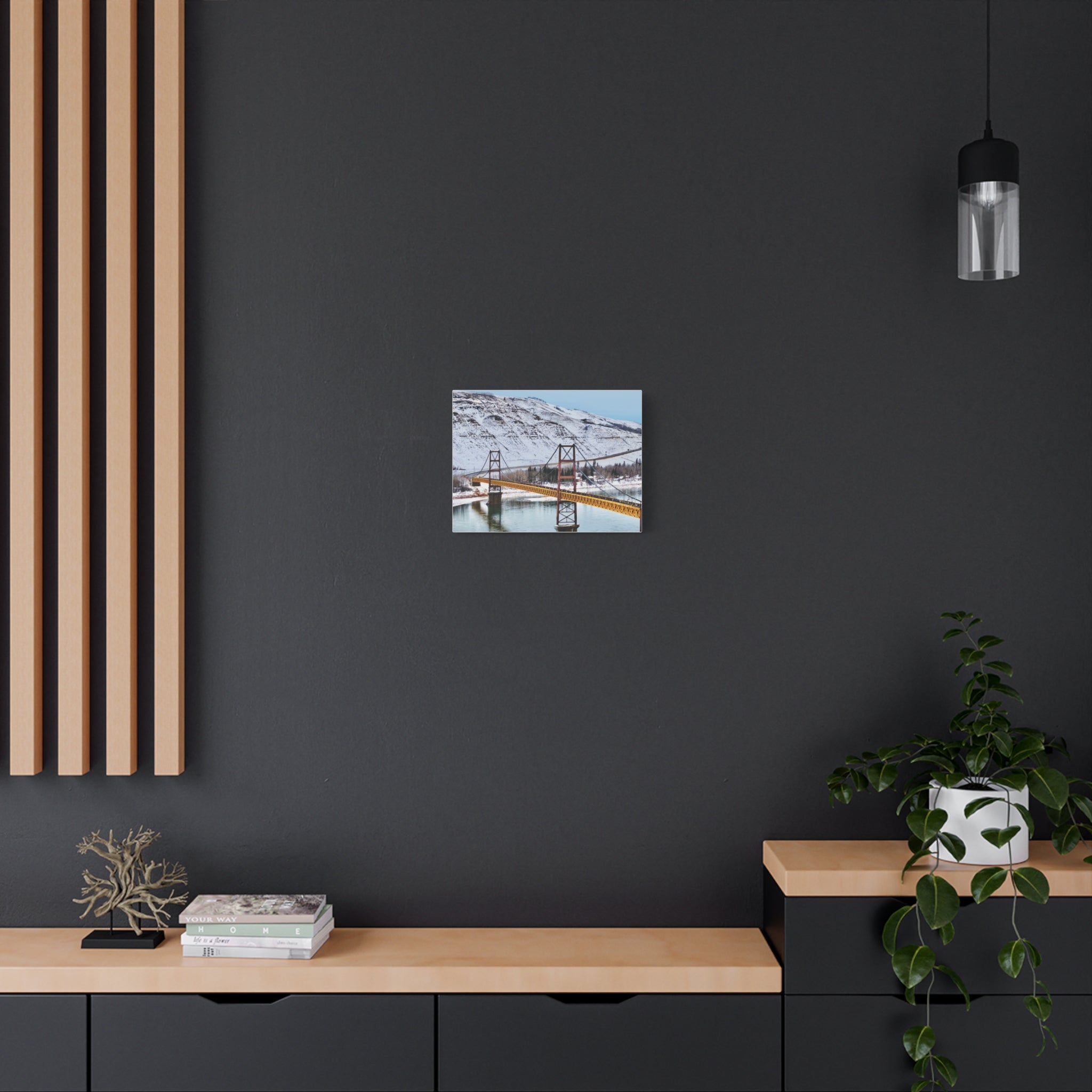 Dunvegan Alberta Suspension Bridge Matte Canvas Print — Scenic Winter Landscape Wall Art