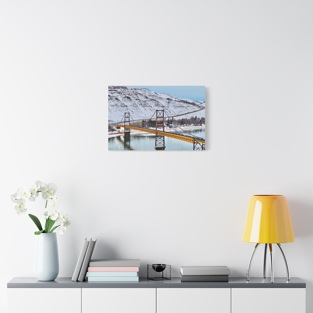 Dunvegan Alberta Suspension Bridge Matte Canvas Print — Scenic Winter Landscape Wall Art