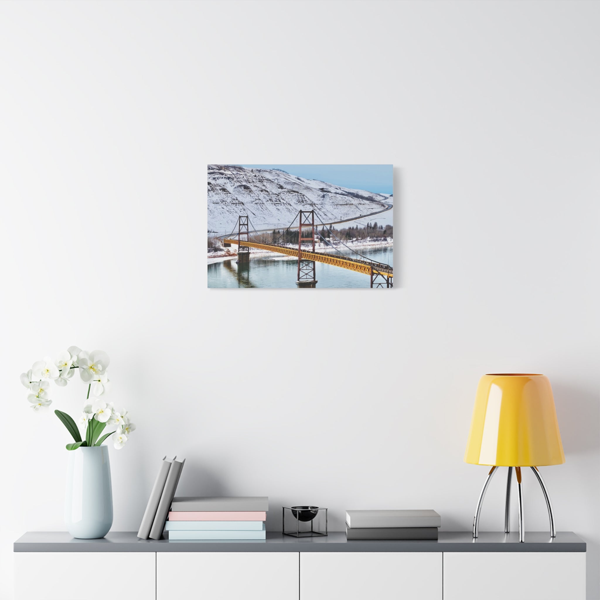 Dunvegan Alberta Suspension Bridge Matte Canvas Print — Scenic Winter Landscape Wall Art