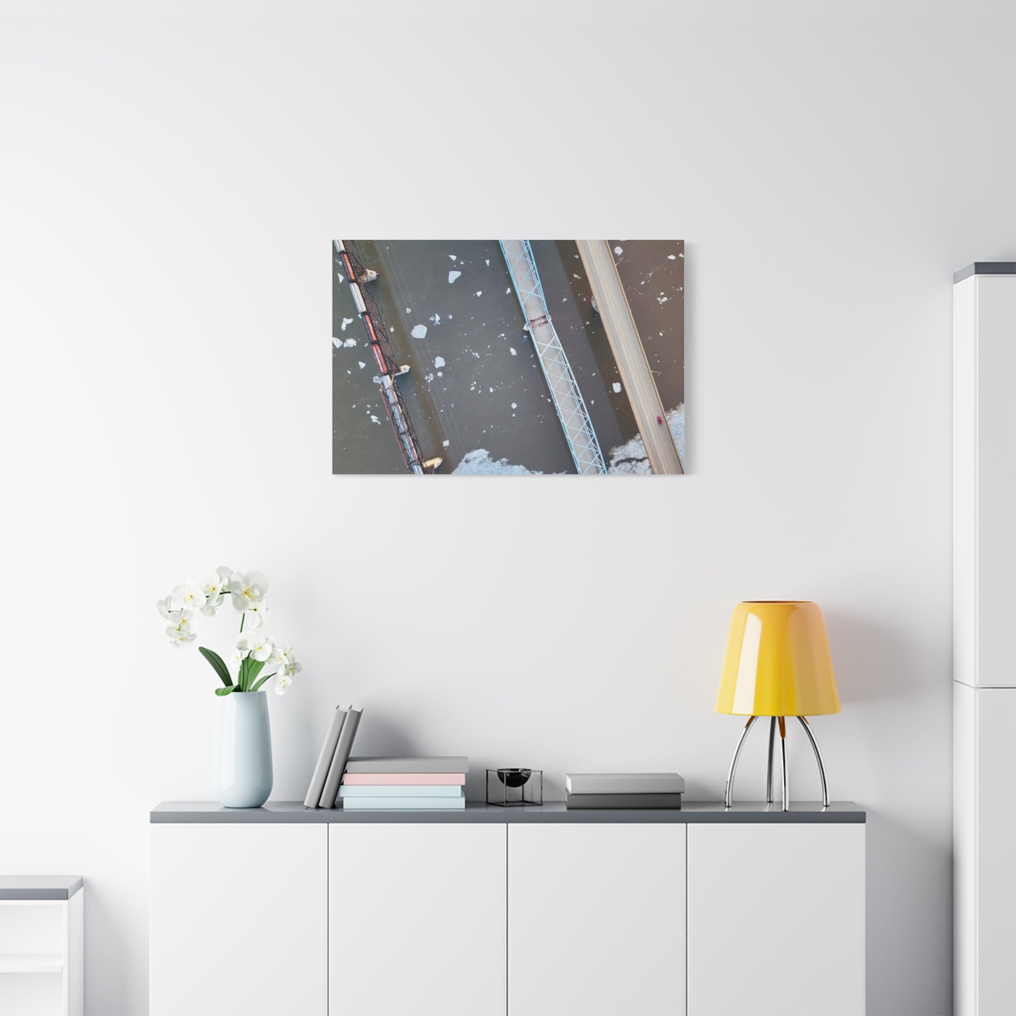 Peace River Alberta - Aerial Bridge Canvas Print — Winter River Drone Photography Matte Stretched
