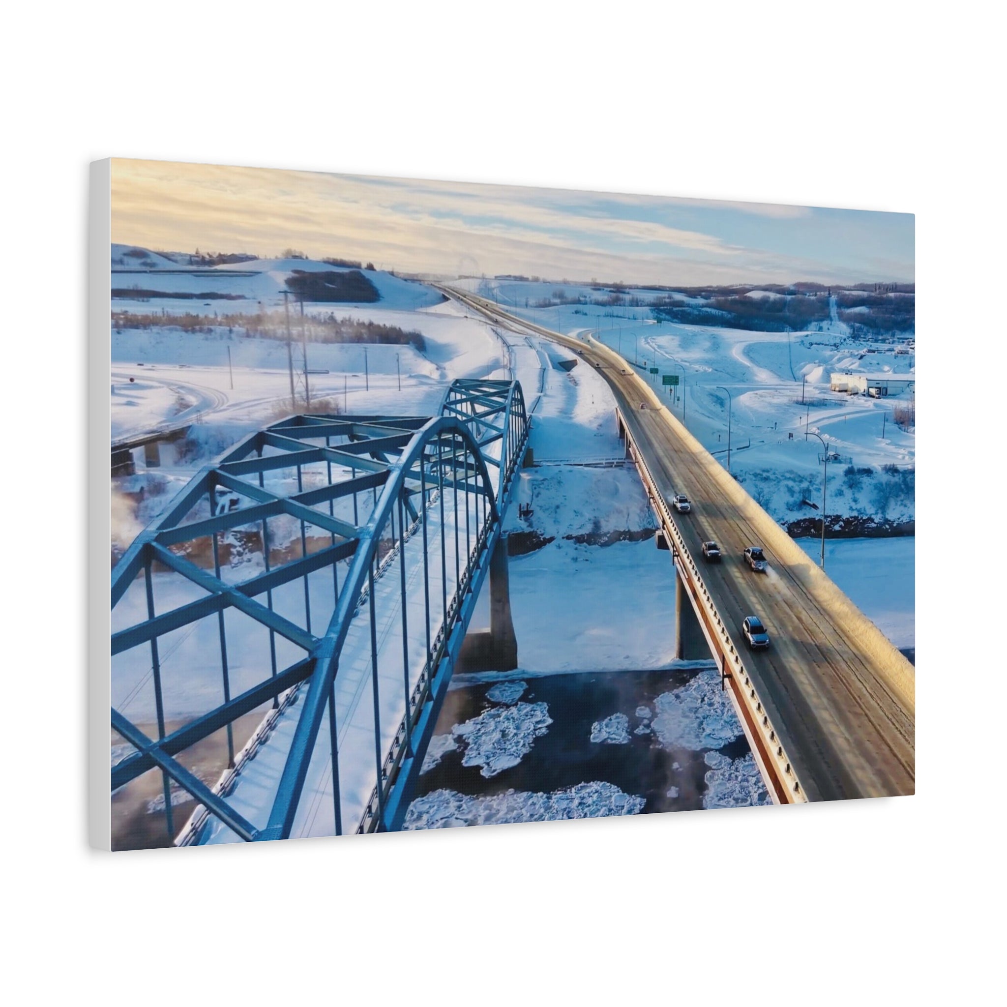 Scenic Winter Town of Peace River Bridge Matte Canvas Print — Aerial Roadway Landscape Wall Art