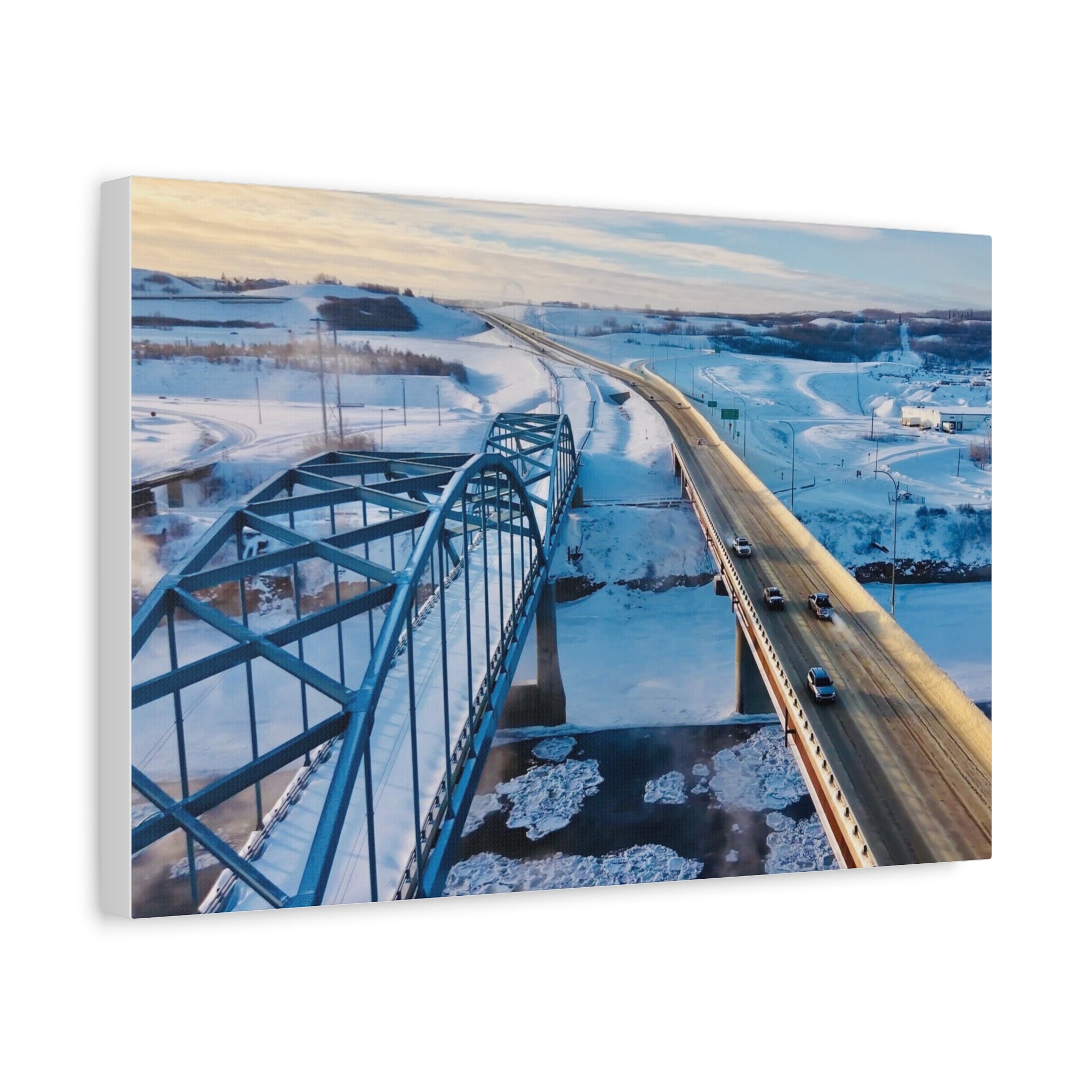 Scenic Winter Town of Peace River Bridge Matte Canvas Print — Aerial Roadway Landscape Wall Art