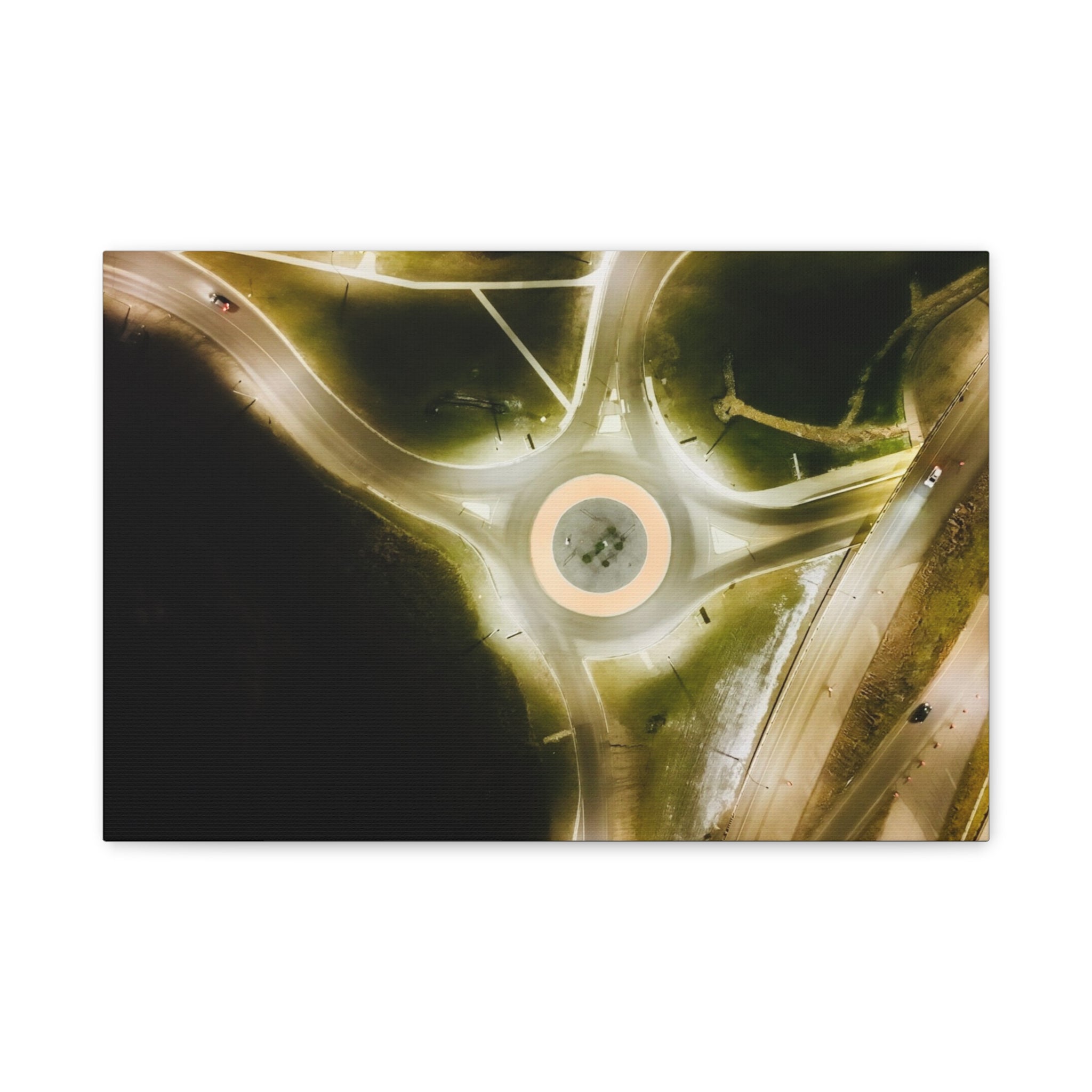 Town of Peace River Alberta - Aerial Roundabout Canvas Print — Moody Night Roadscape Matte Stretched Wall Art