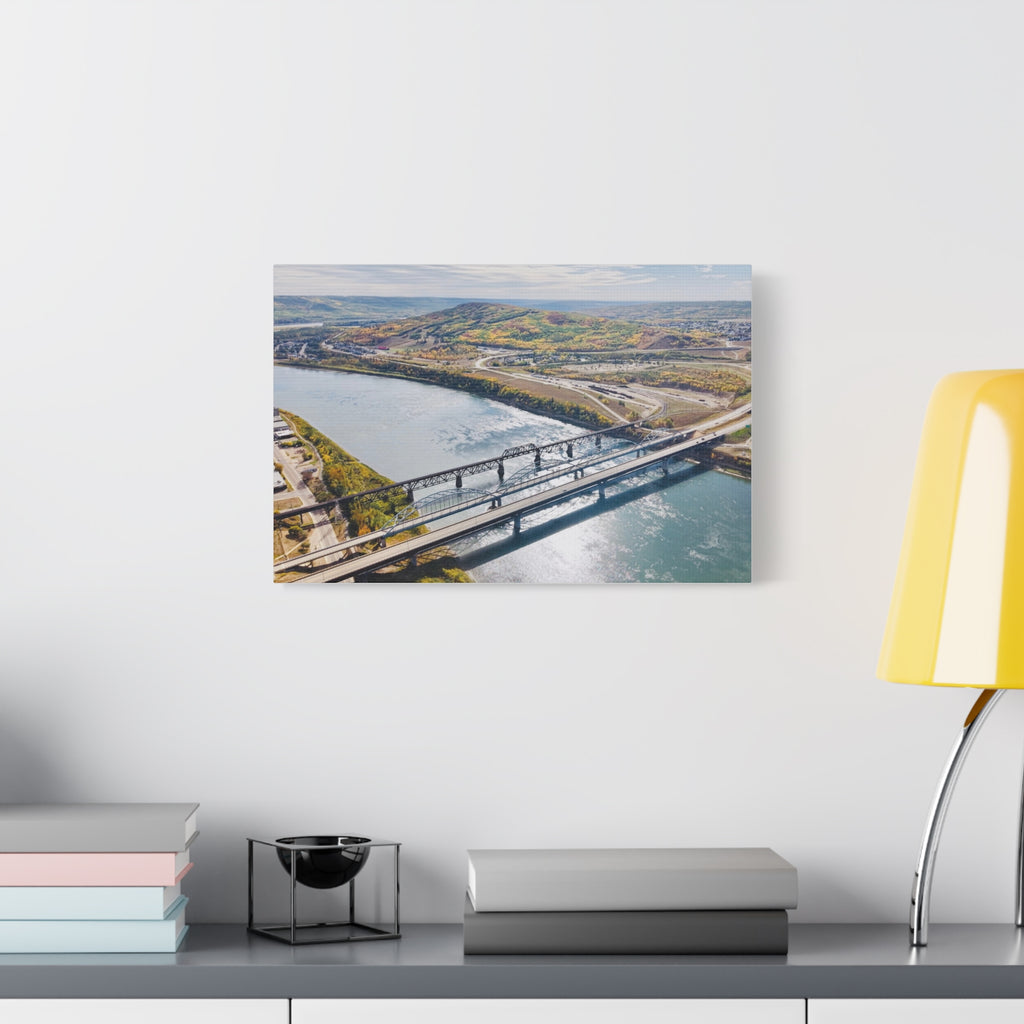 Matte Stretched Canvas - Scenic Peace River River Bridge Aerial Print
