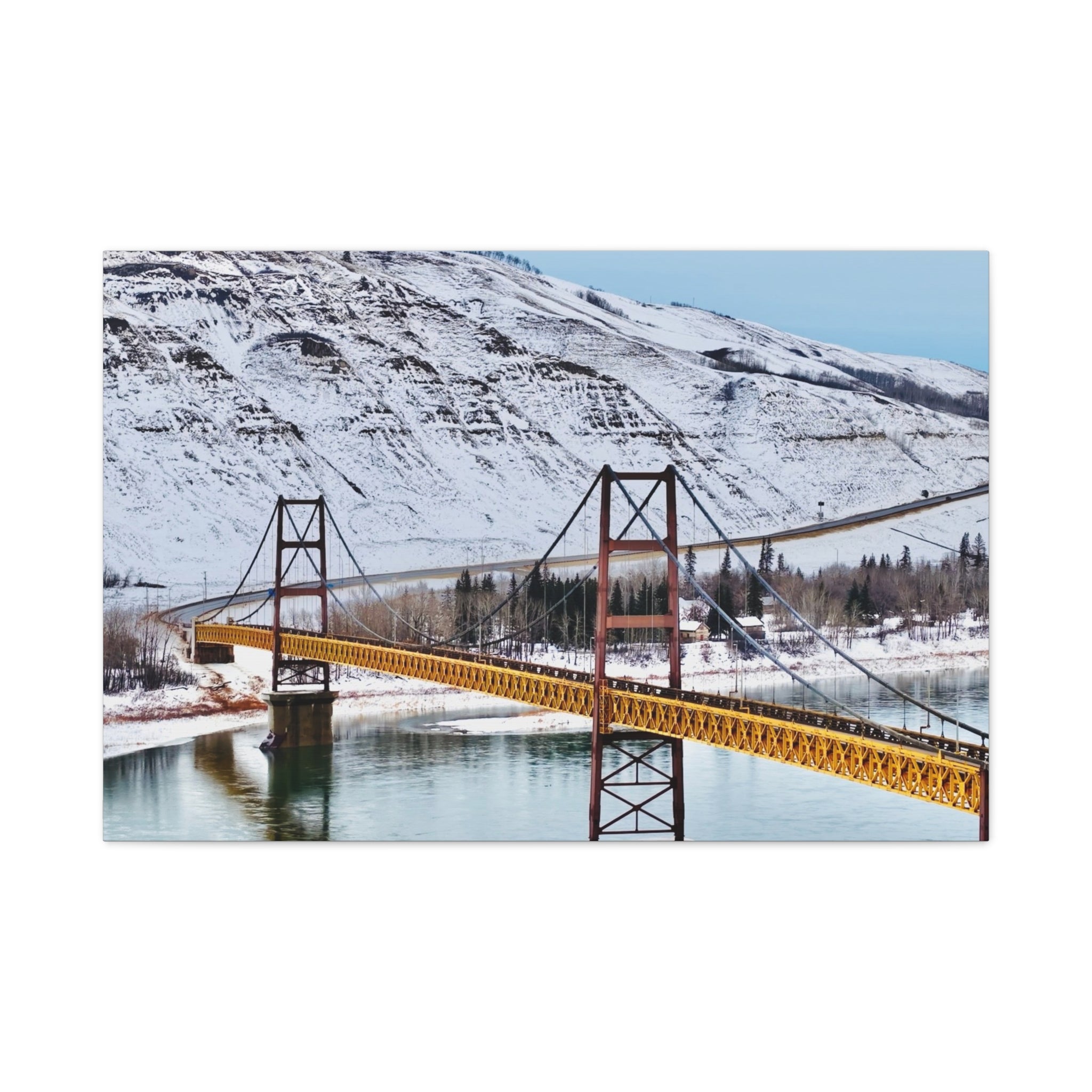 Dunvegan Alberta Suspension Bridge Matte Canvas Print — Scenic Winter Landscape Wall Art