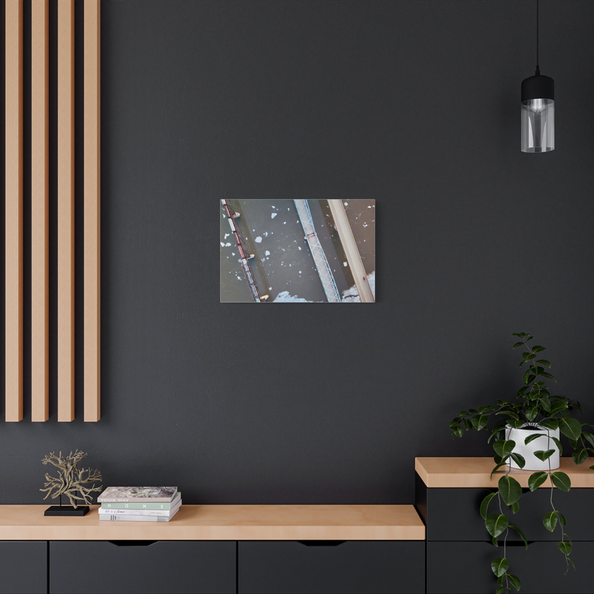 Peace River Alberta - Aerial Bridge Canvas Print — Winter River Drone Photography Matte Stretched