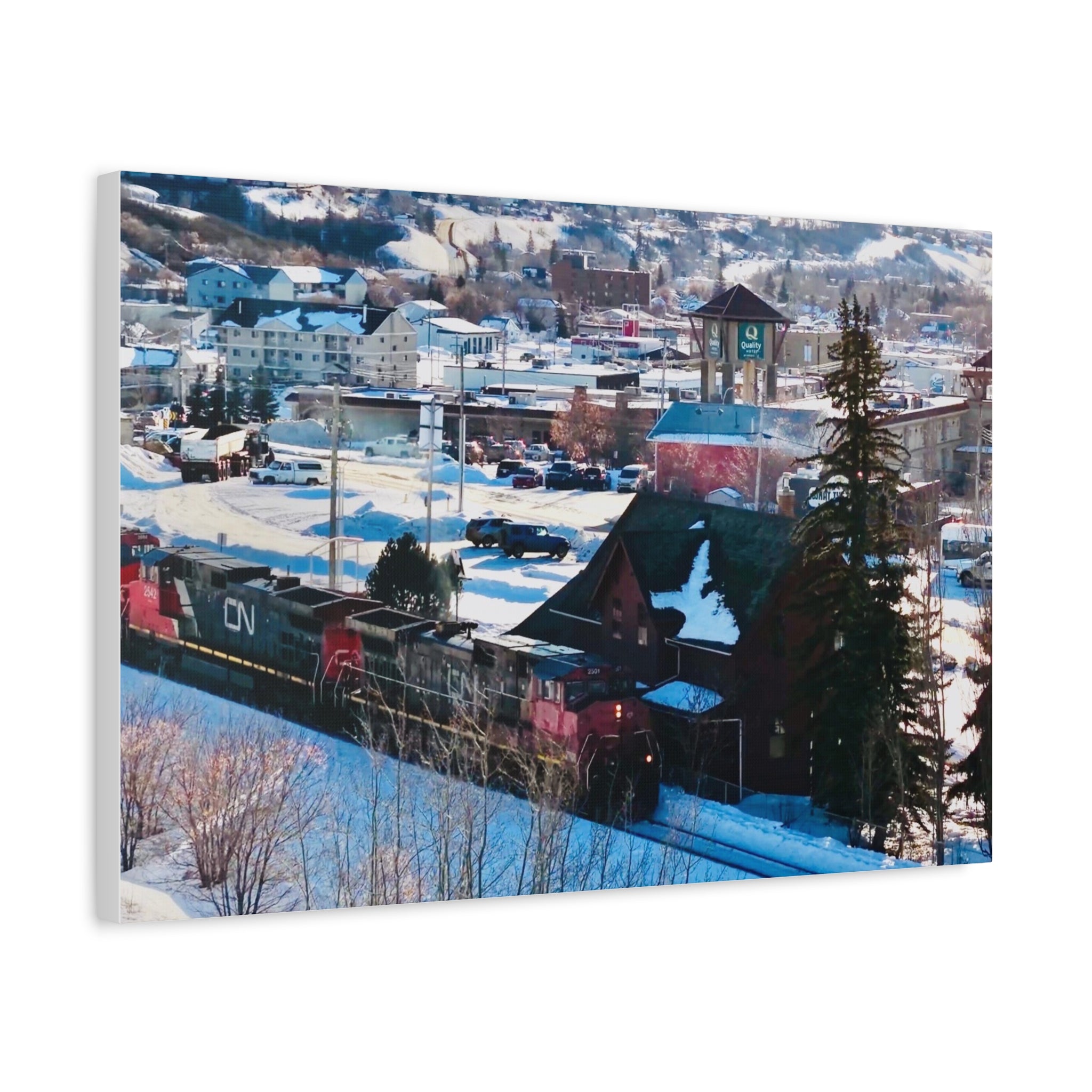 Winter Train Peace River Alberta Town Matte Canvas Print — Stretched 1.25" Wall Art