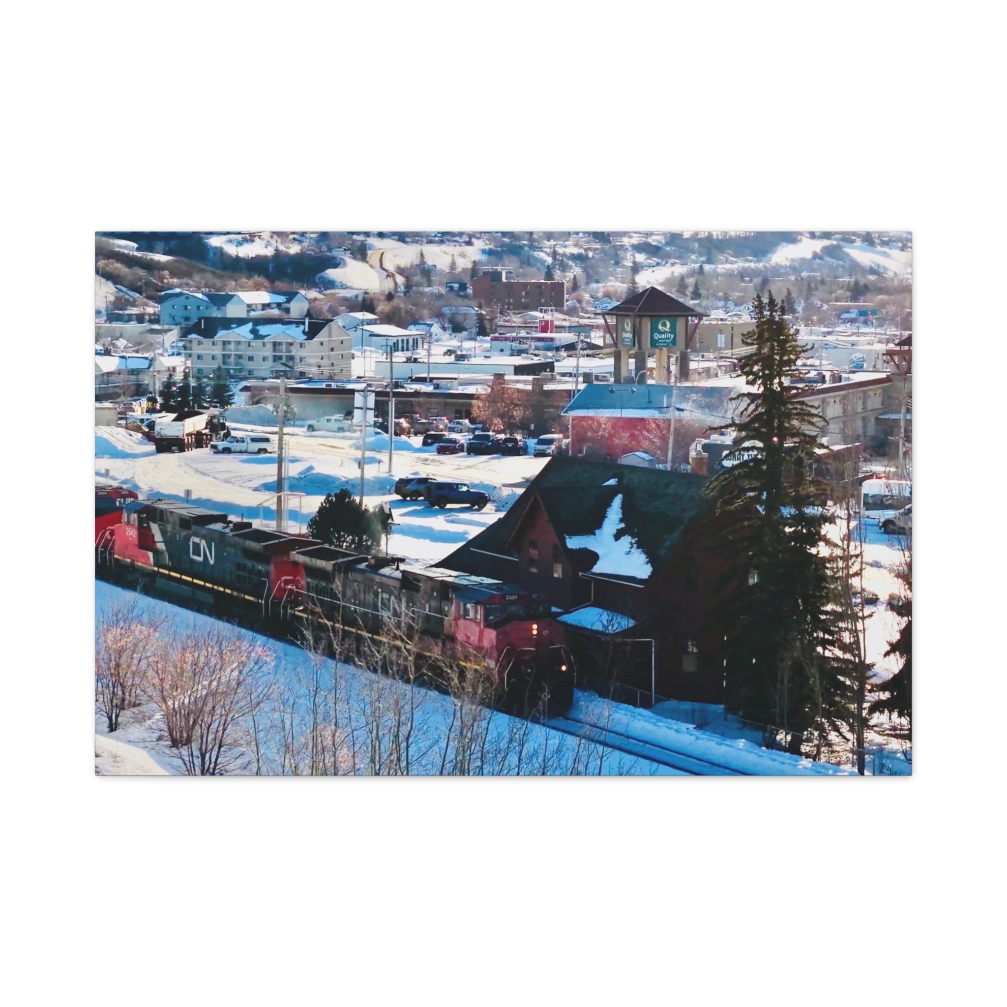 Winter Train Peace River Alberta Town Matte Canvas Print — Stretched 1.25" Wall Art