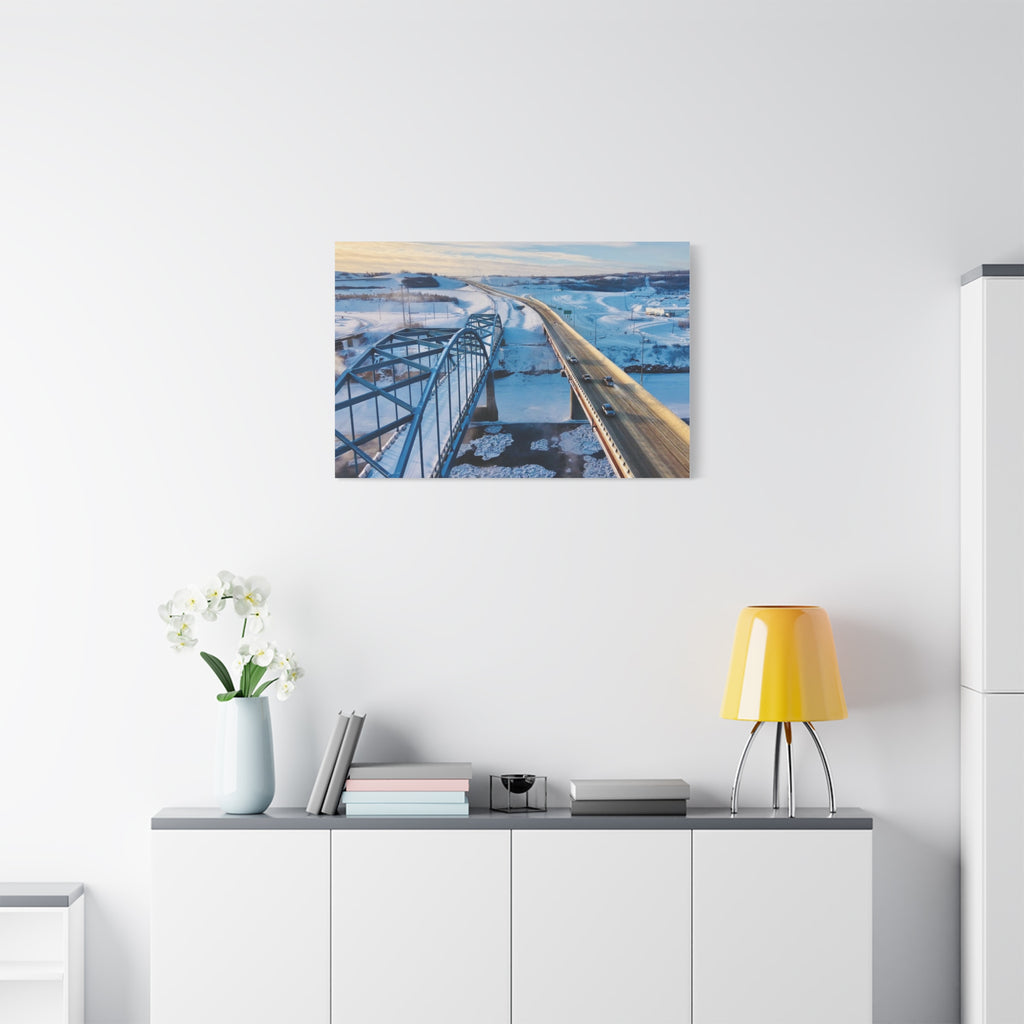 Scenic Winter Town of Peace River Bridge Matte Canvas Print — Aerial Roadway Landscape Wall Art