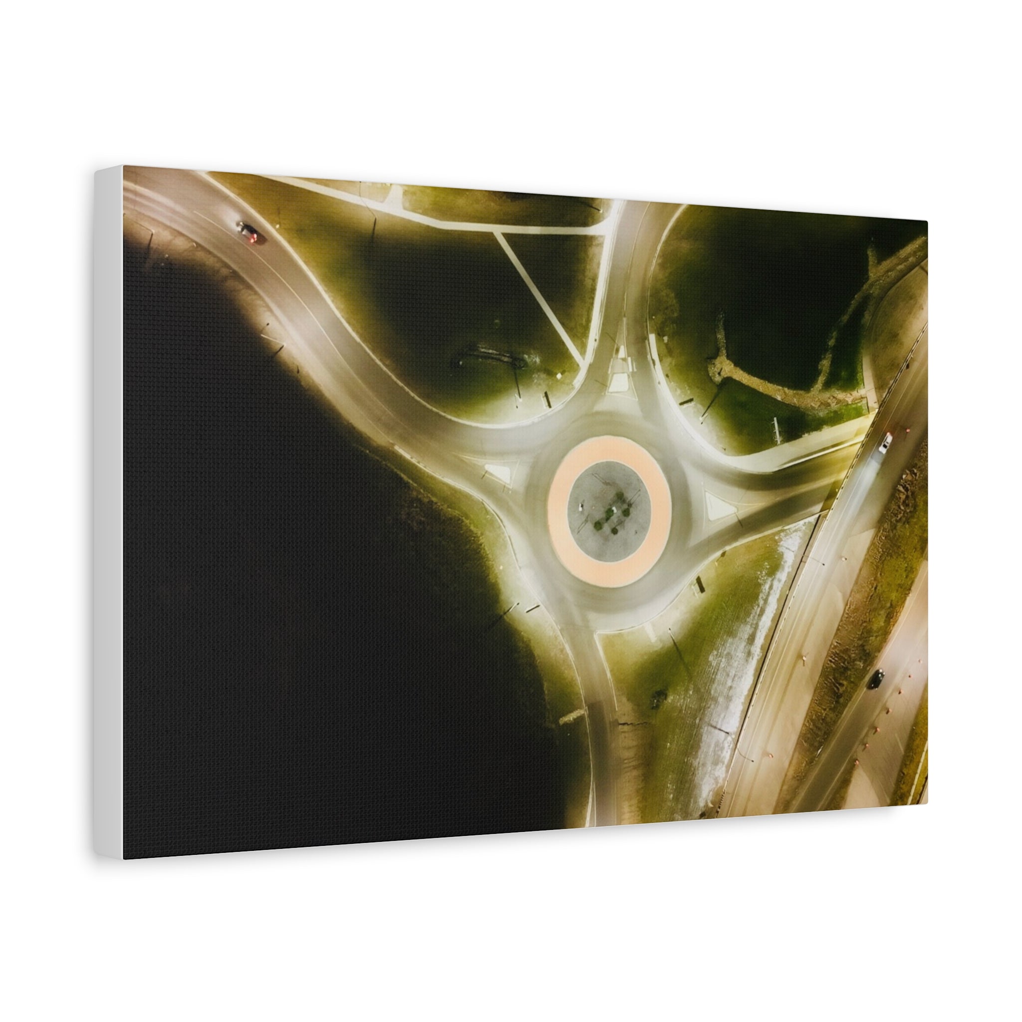 Town of Peace River Alberta - Aerial Roundabout Canvas Print — Moody Night Roadscape Matte Stretched Wall Art