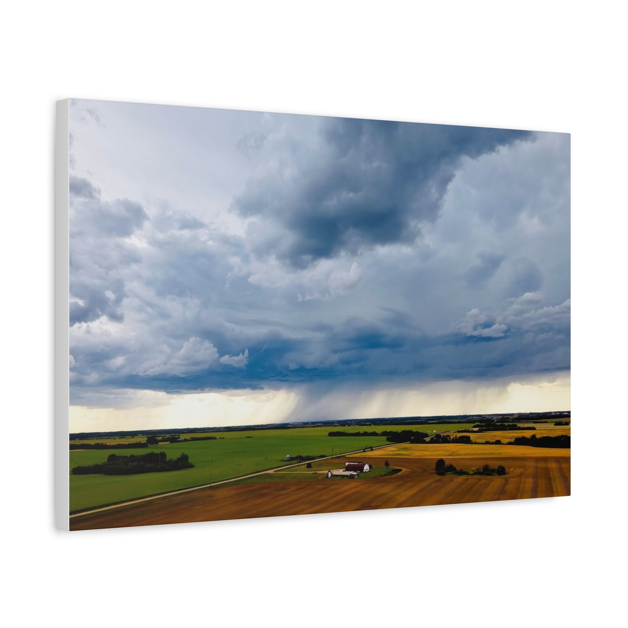 Stormy Prairie Canvas Print — Dramatic Clouds Over Farmland Matte Stretched Wall Art