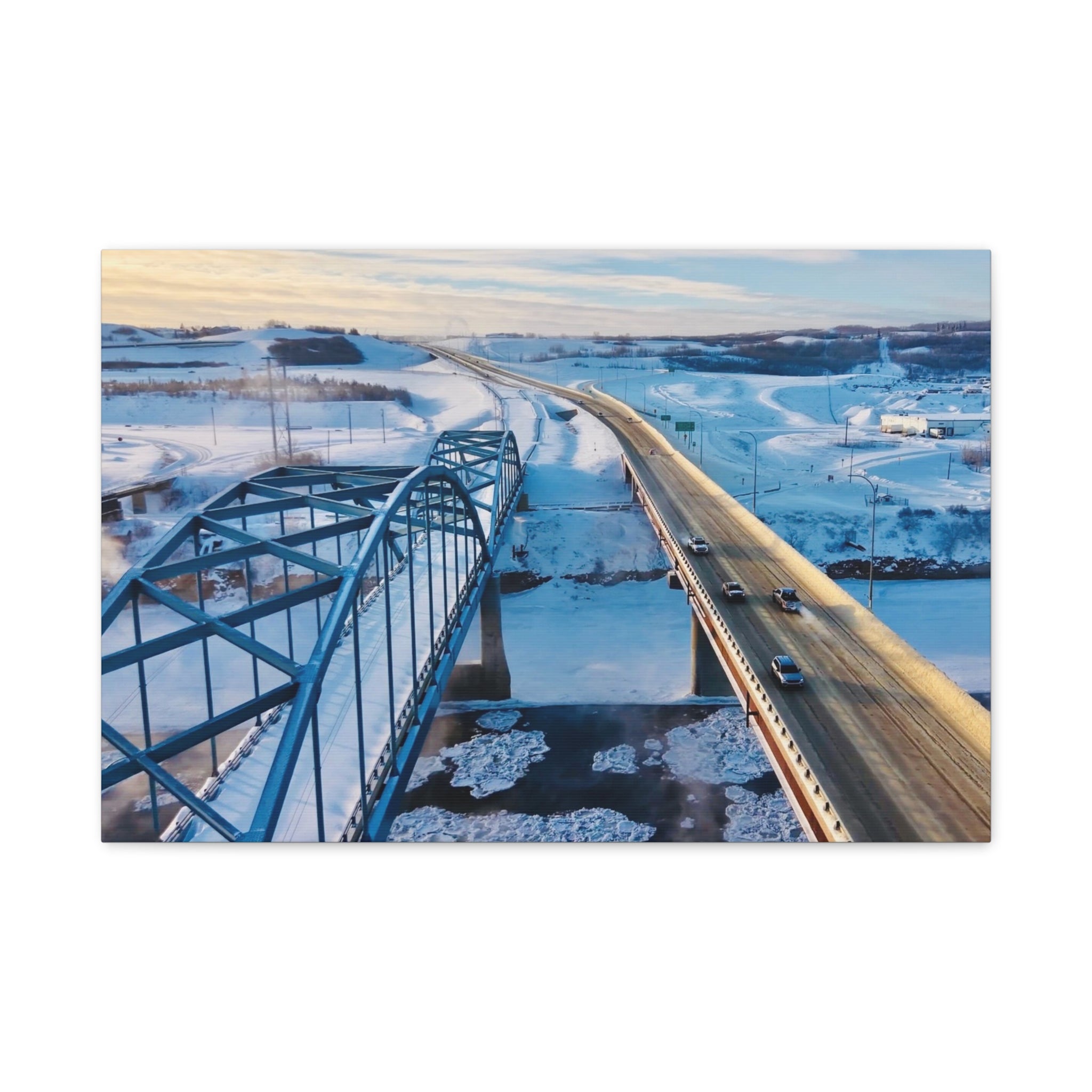 Scenic Winter Town of Peace River Bridge Matte Canvas Print — Aerial Roadway Landscape Wall Art