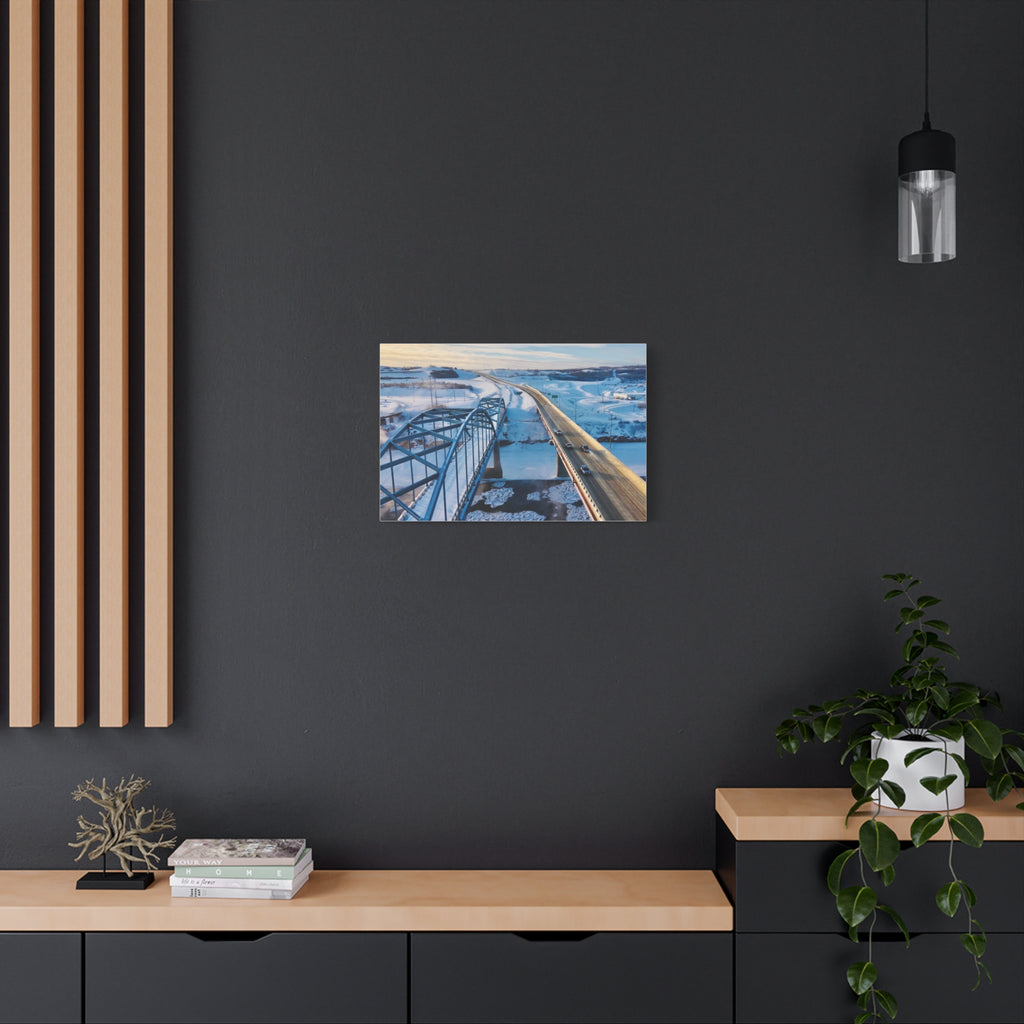 Scenic Winter Town of Peace River Bridge Matte Canvas Print — Aerial Roadway Landscape Wall Art