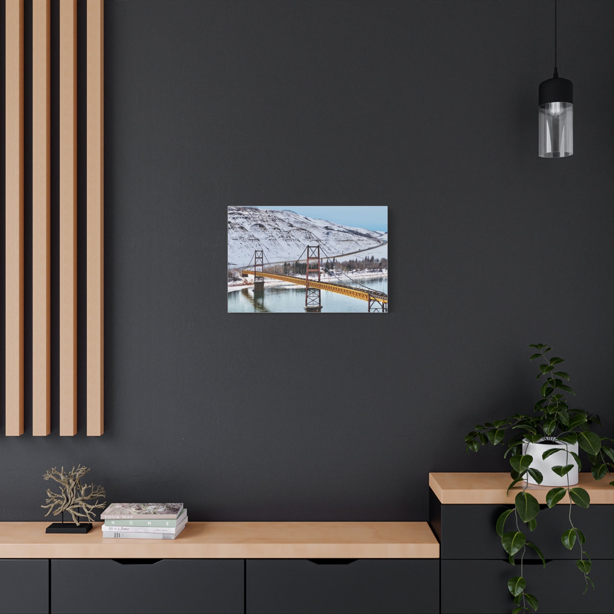 Dunvegan Alberta Suspension Bridge Matte Canvas Print — Scenic Winter Landscape Wall Art