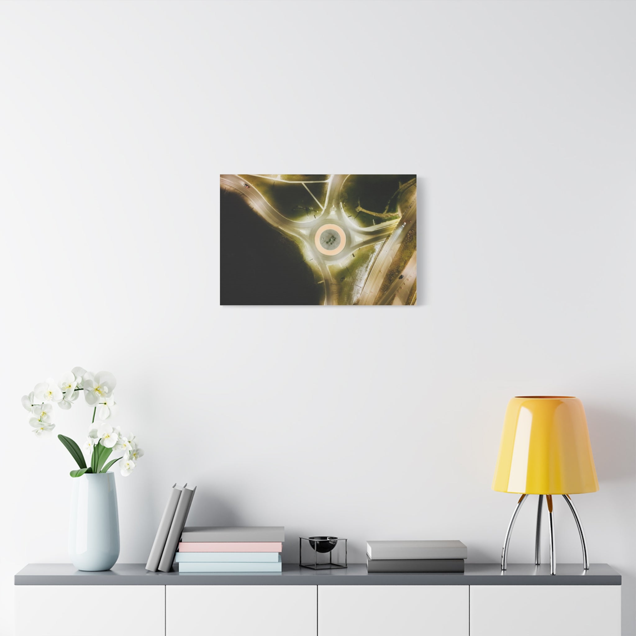 Town of Peace River Alberta - Aerial Roundabout Canvas Print — Moody Night Roadscape Matte Stretched Wall Art
