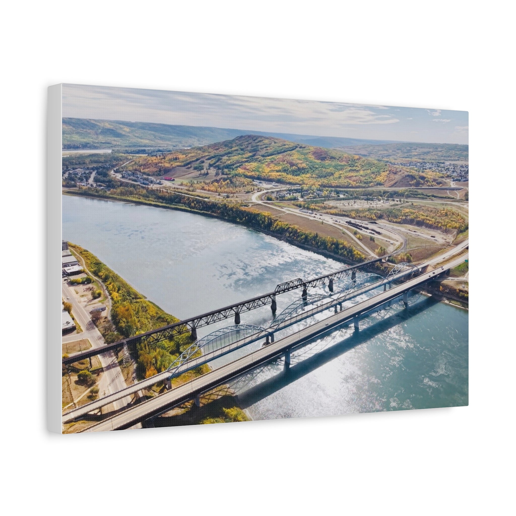 Matte Stretched Canvas - Scenic Peace River River Bridge Aerial Print