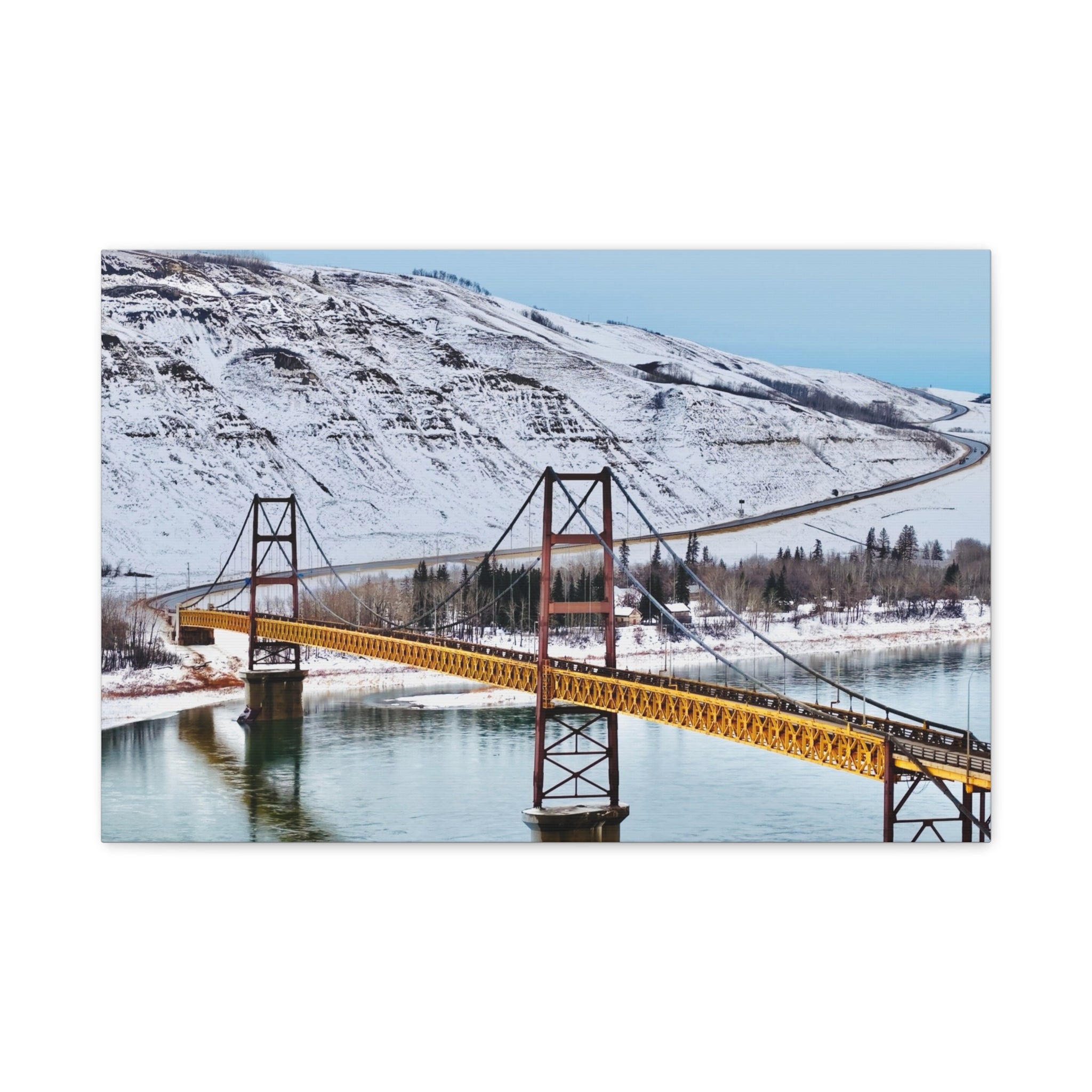 Dunvegan Alberta Suspension Bridge Matte Canvas Print — Scenic Winter Landscape Wall Art