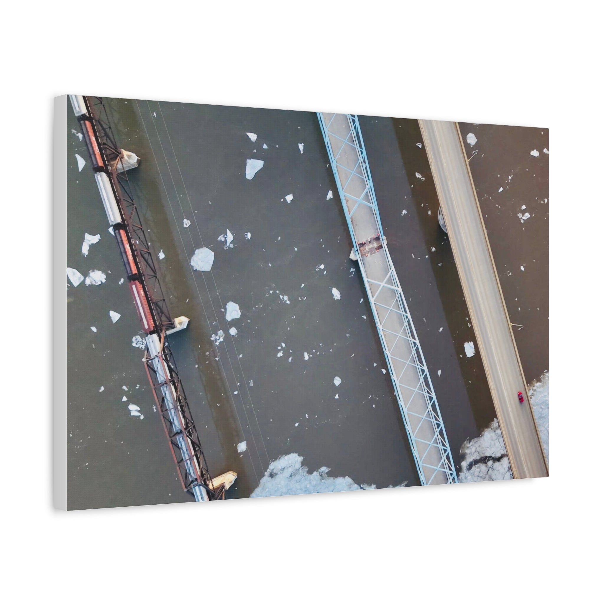 Peace River Alberta - Aerial Bridge Canvas Print — Winter River Drone Photography Matte Stretched