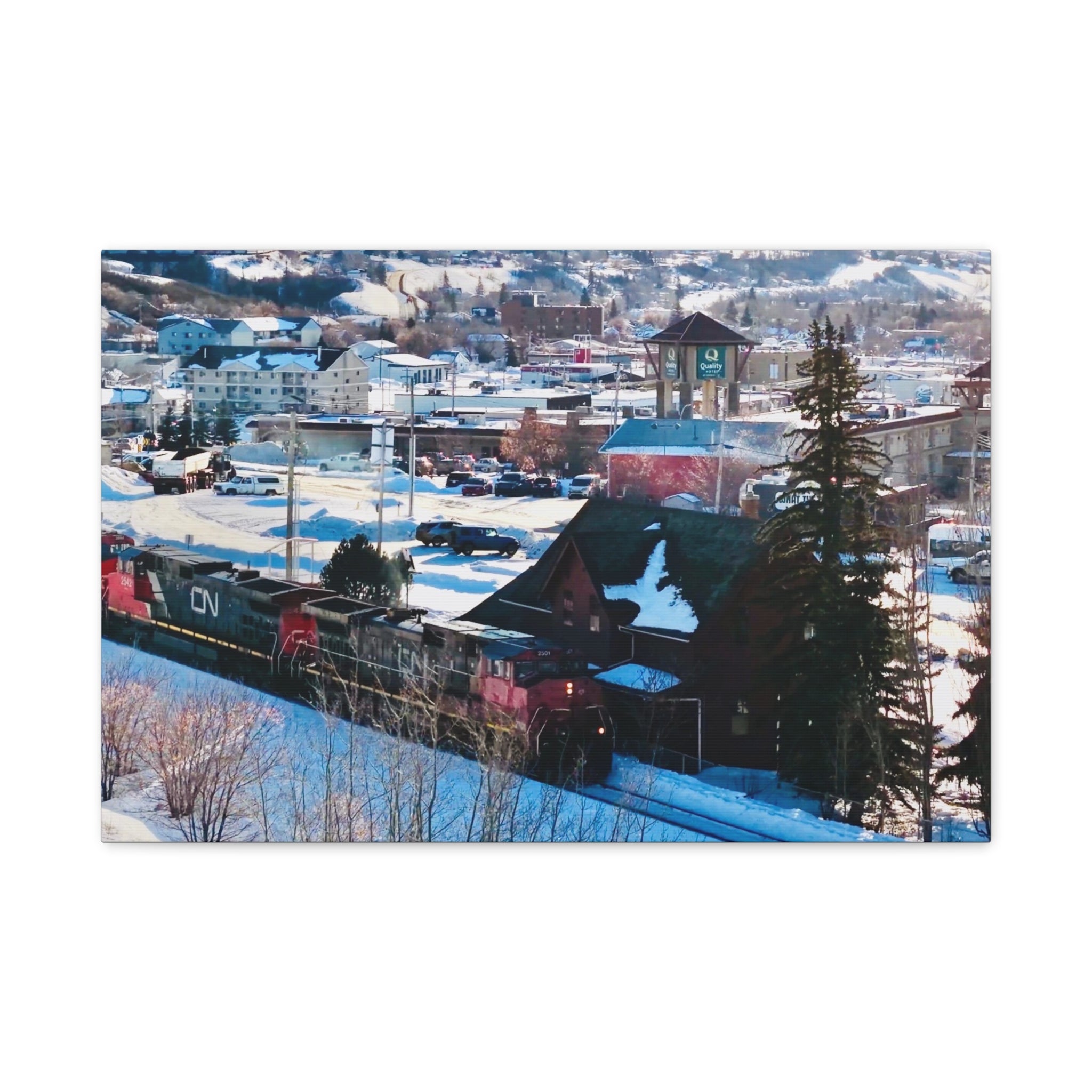 Winter Train Peace River Alberta Town Matte Canvas Print — Stretched 1.25" Wall Art