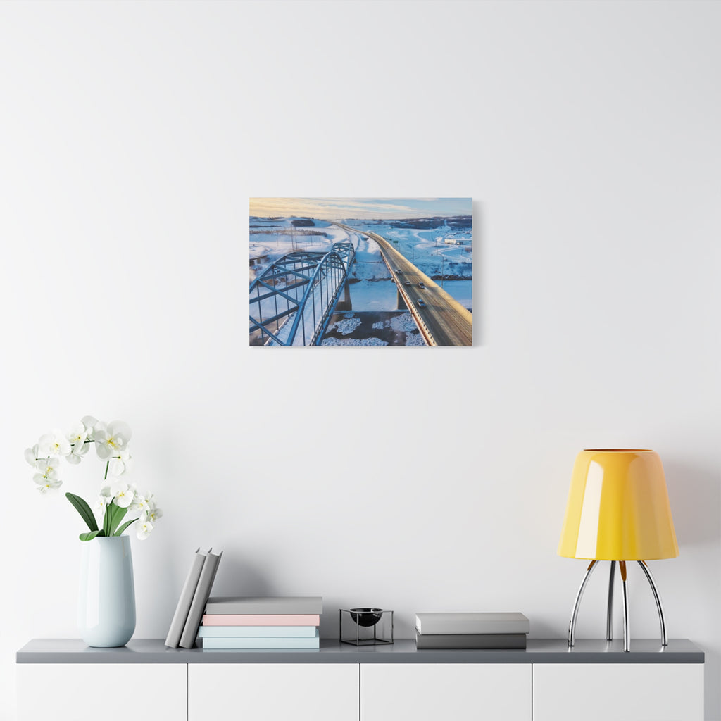 Scenic Winter Town of Peace River Bridge Matte Canvas Print — Aerial Roadway Landscape Wall Art