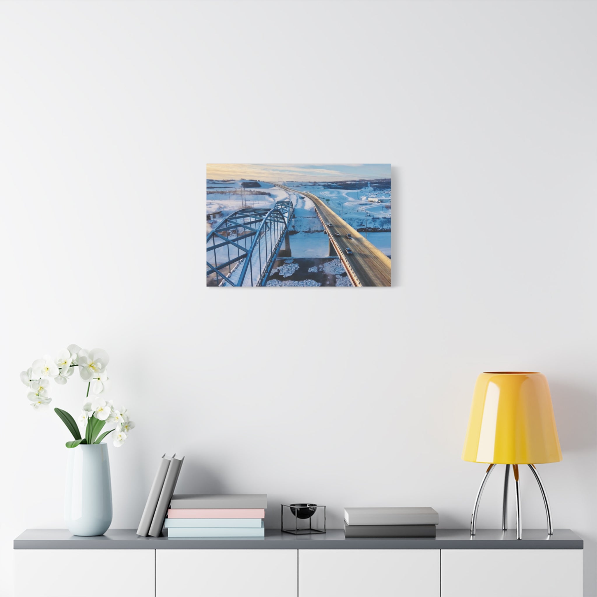 Scenic Winter Town of Peace River Bridge Matte Canvas Print — Aerial Roadway Landscape Wall Art