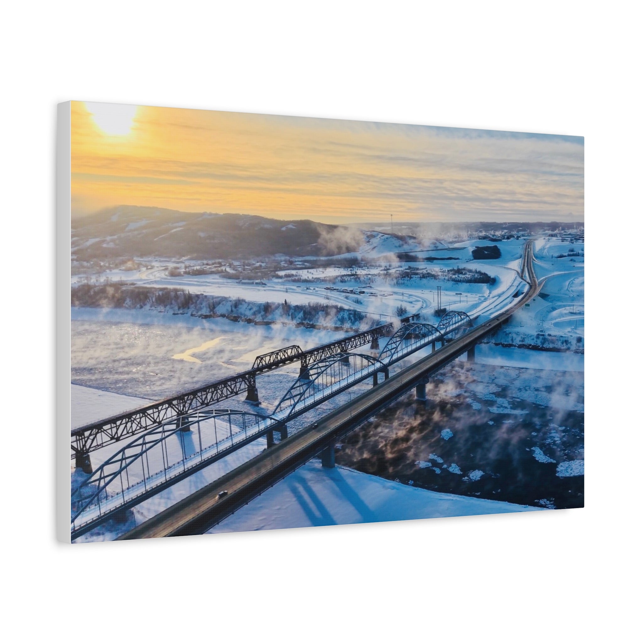 Peace River Alberta - Winter Bridge Landscape Matte Canvas Wall Art – Stretched 1.25"