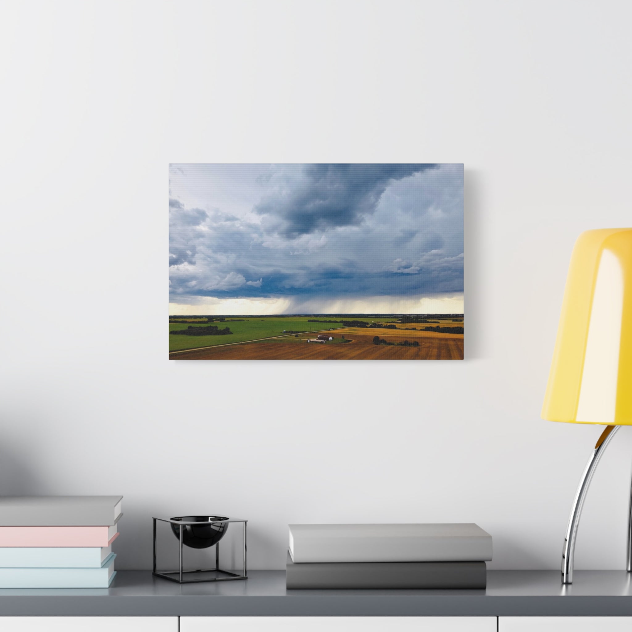 Stormy Prairie Canvas Print — Dramatic Clouds Over Farmland Matte Stretched Wall Art