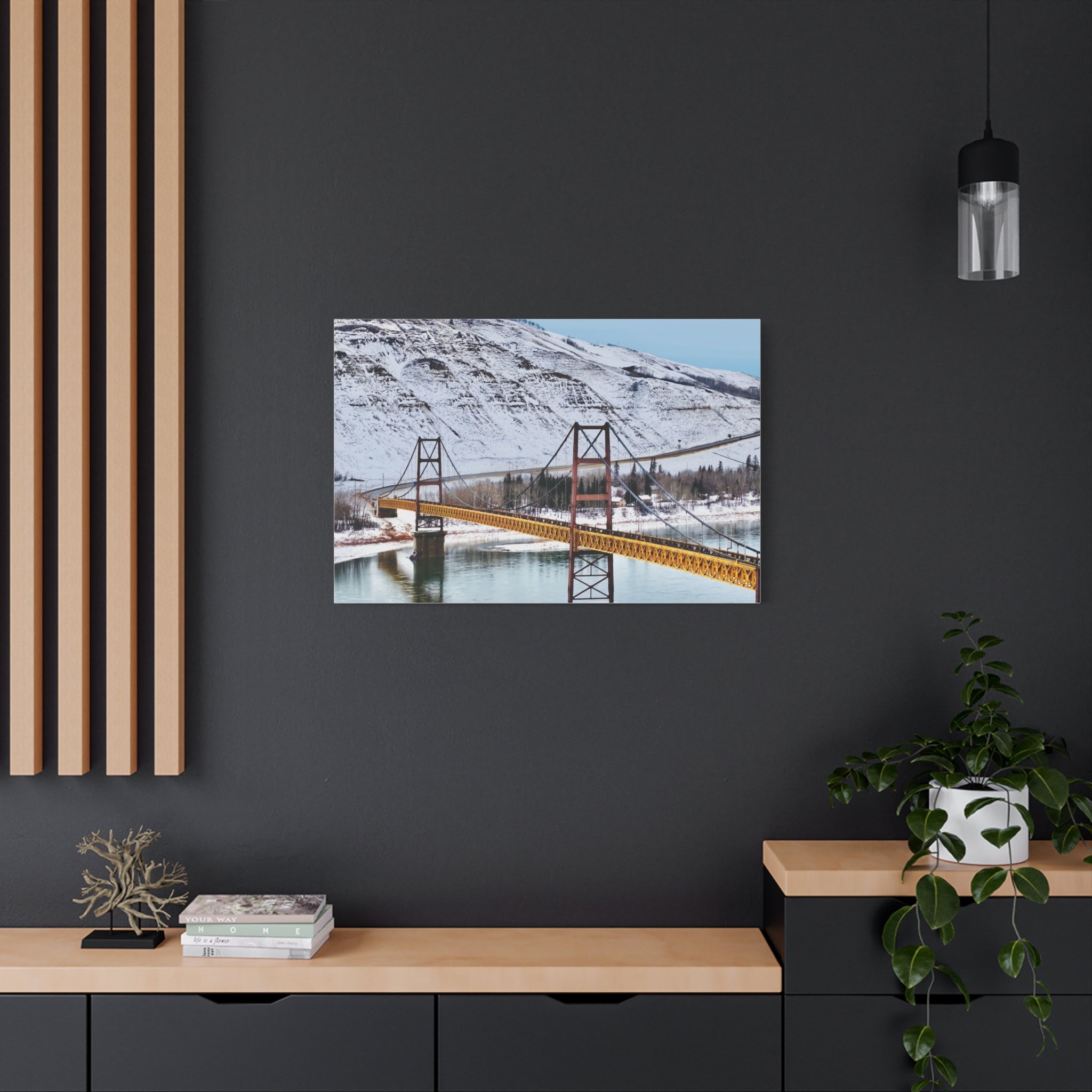 Dunvegan Alberta Suspension Bridge Matte Canvas Print — Scenic Winter Landscape Wall Art
