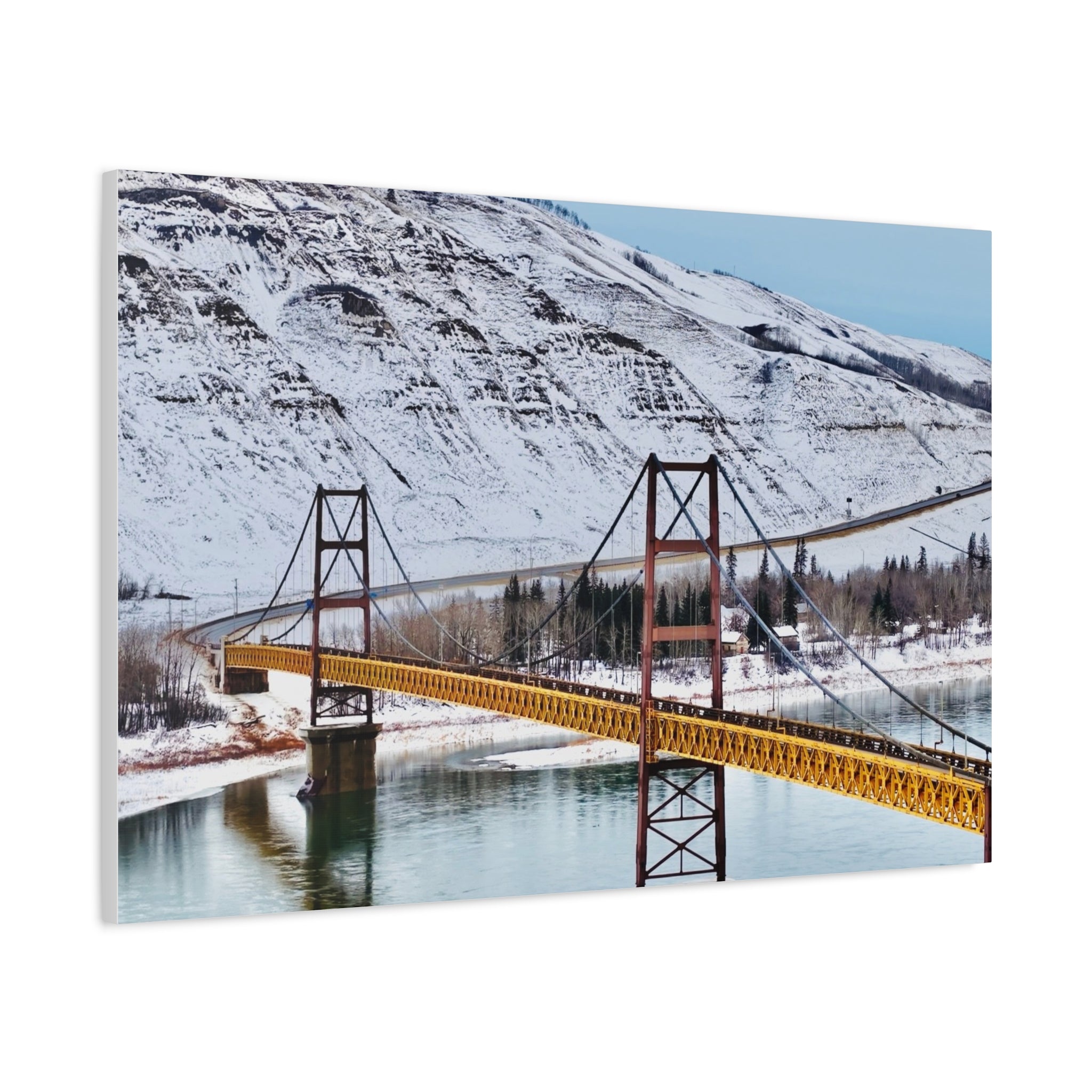Dunvegan Alberta Suspension Bridge Matte Canvas Print — Scenic Winter Landscape Wall Art