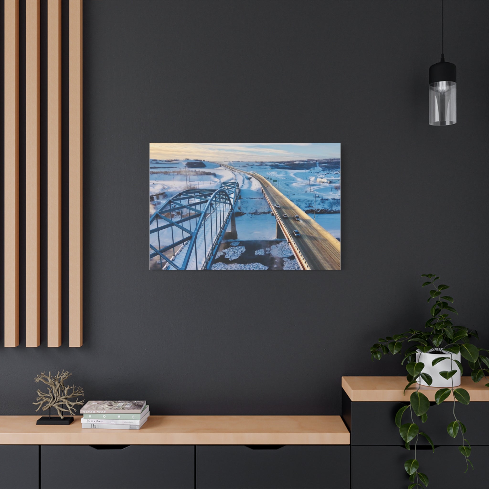 Scenic Winter Town of Peace River Bridge Matte Canvas Print — Aerial Roadway Landscape Wall Art