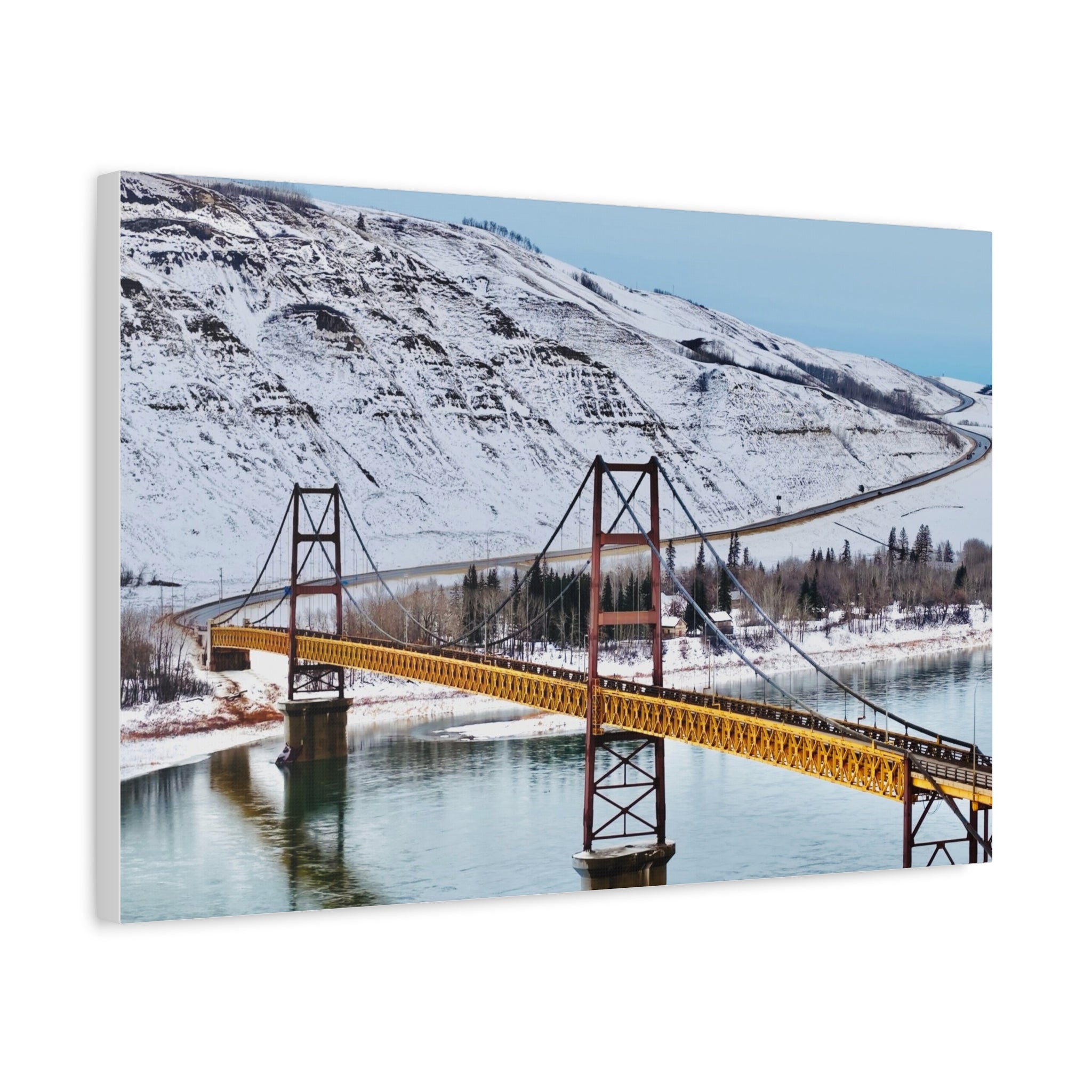 Dunvegan Alberta Suspension Bridge Matte Canvas Print — Scenic Winter Landscape Wall Art