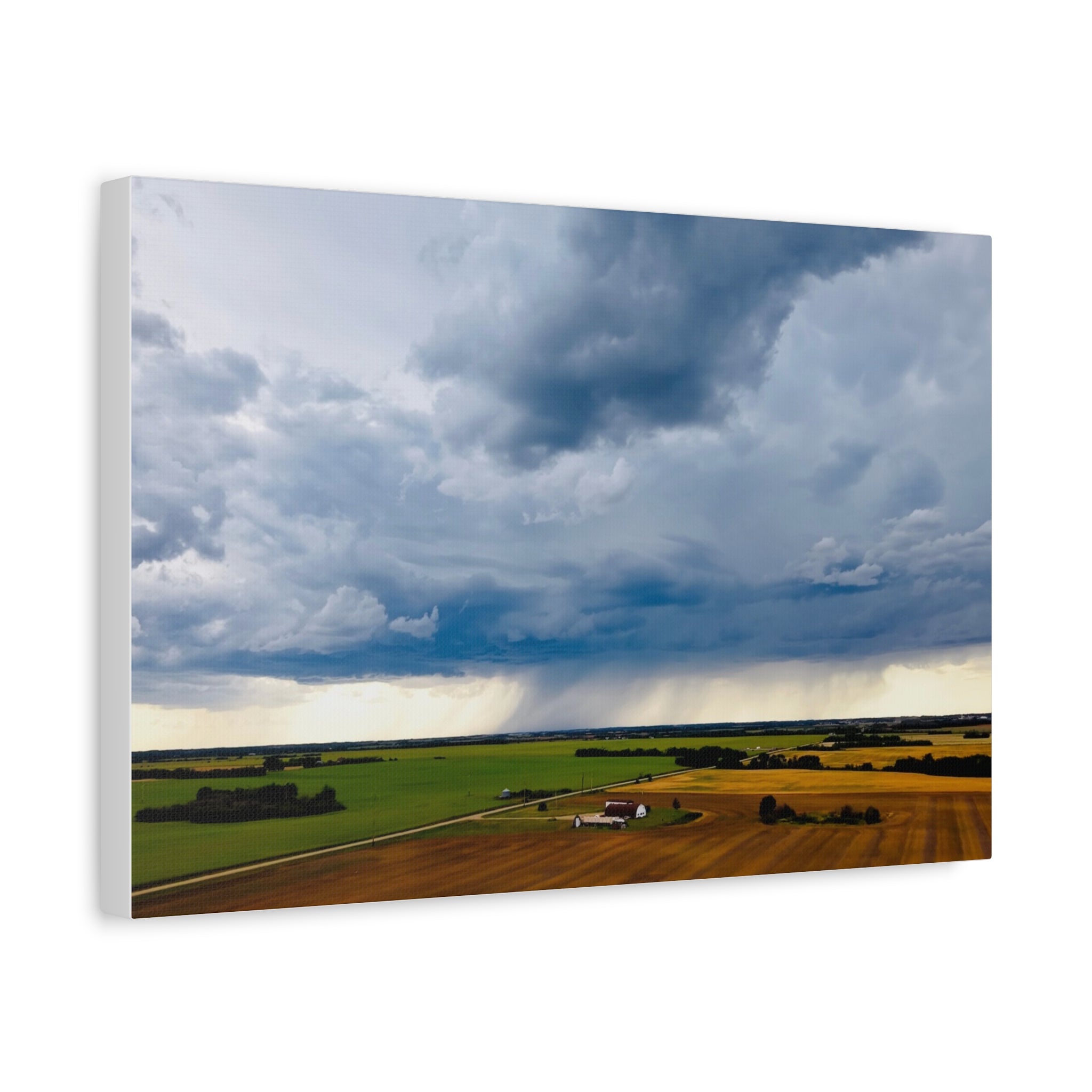 Stormy Prairie Canvas Print — Dramatic Clouds Over Farmland Matte Stretched Wall Art